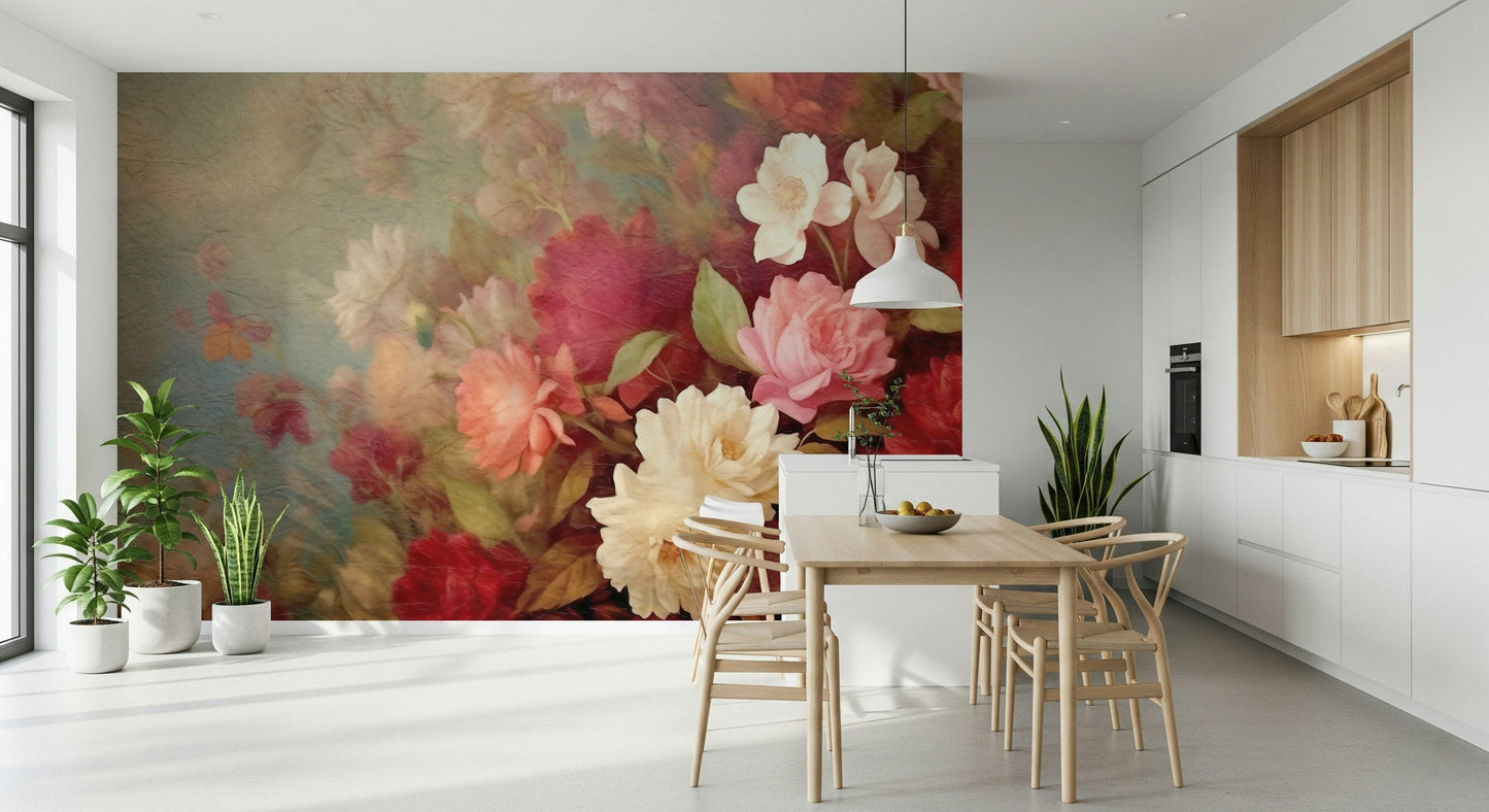 A contemplative floral pattern wallpaper mural for a feature wall.