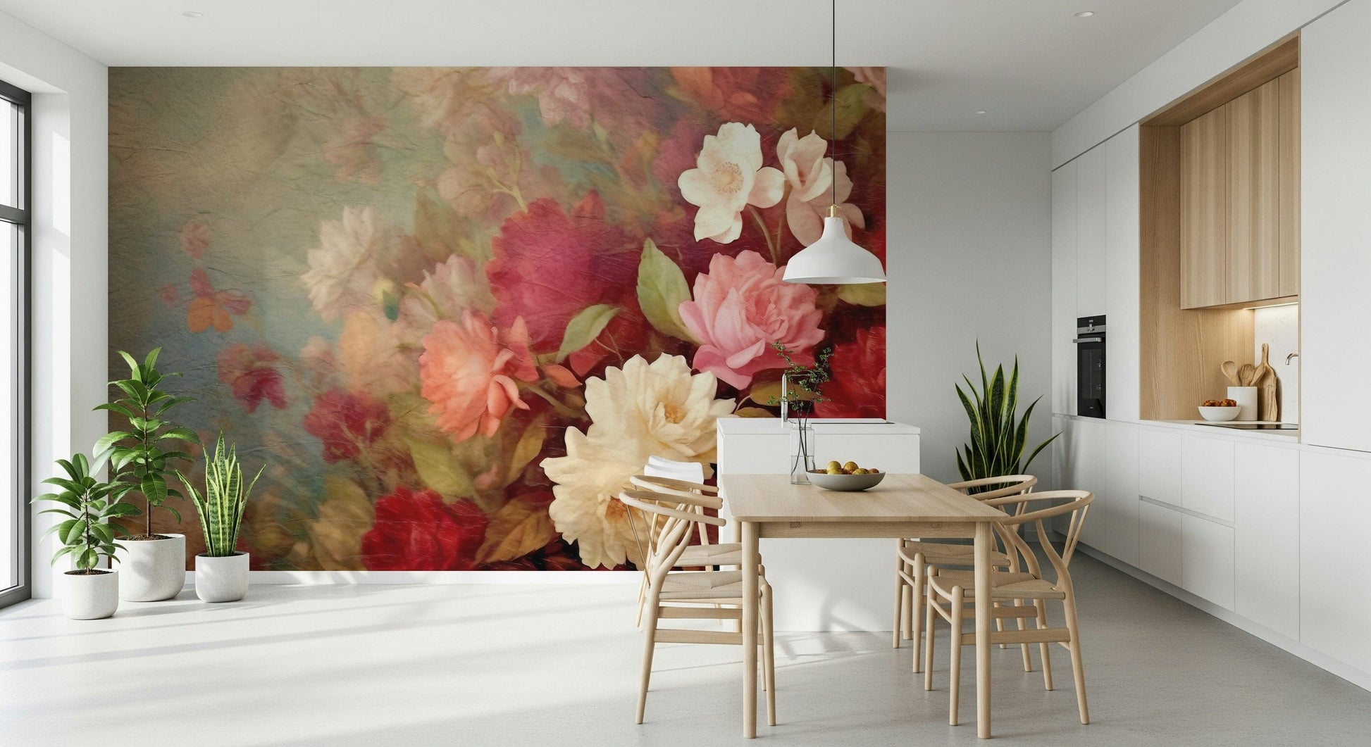 A contemplative floral pattern wallpaper mural for a feature wall.