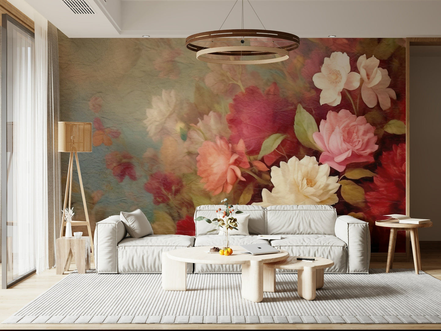A graceful subtle flower wall mural in soft, elegant tones.