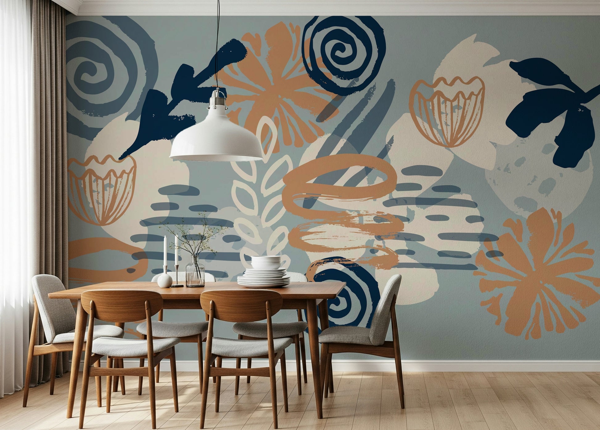 A contemplative floral pattern wallpaper mural for a feature wall.