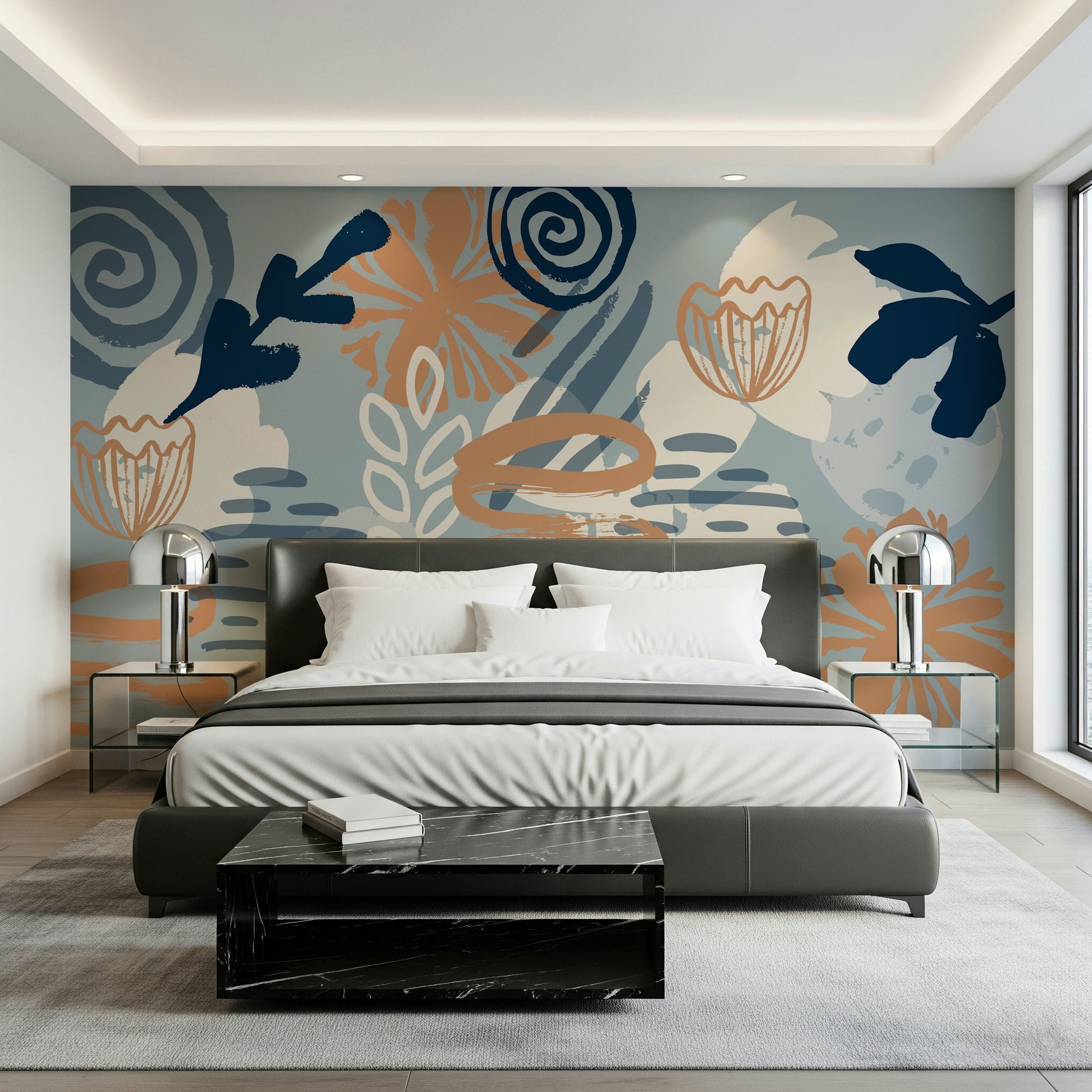 A beautiful abstract floral wallpaper mural for a modern home.