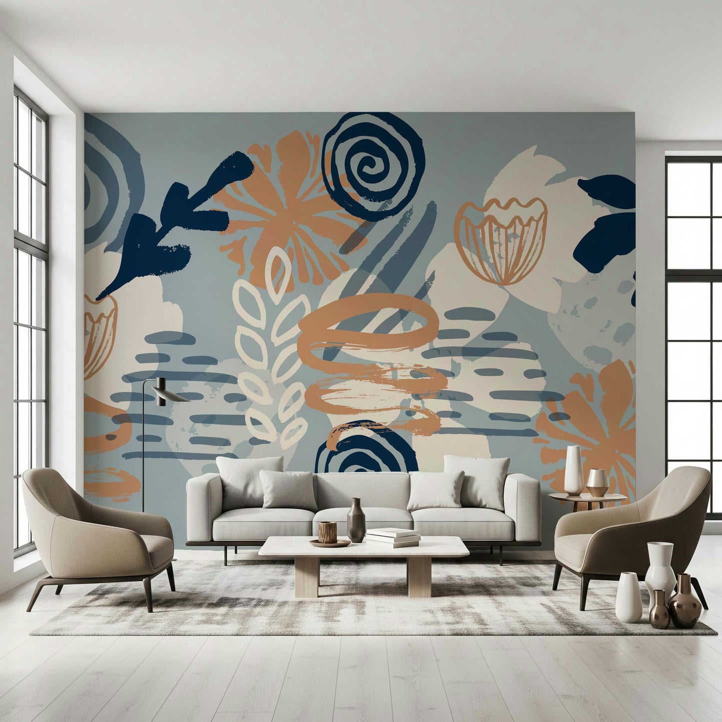 A peaceful flower design mural on decorative wallpaper.