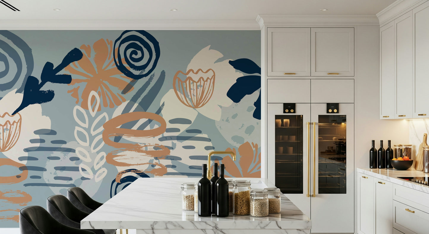 An artistic delicate bloom mural on minimalist wallpaper.