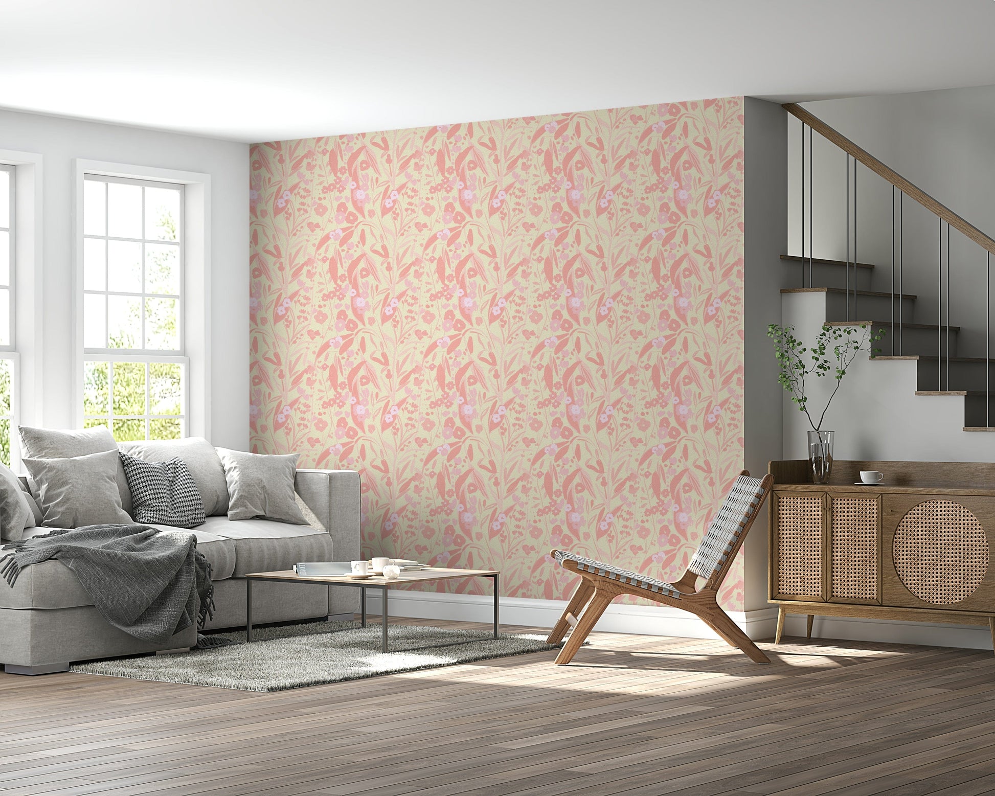 A beautiful soft pink abstract wallpaper mural for a modern home.