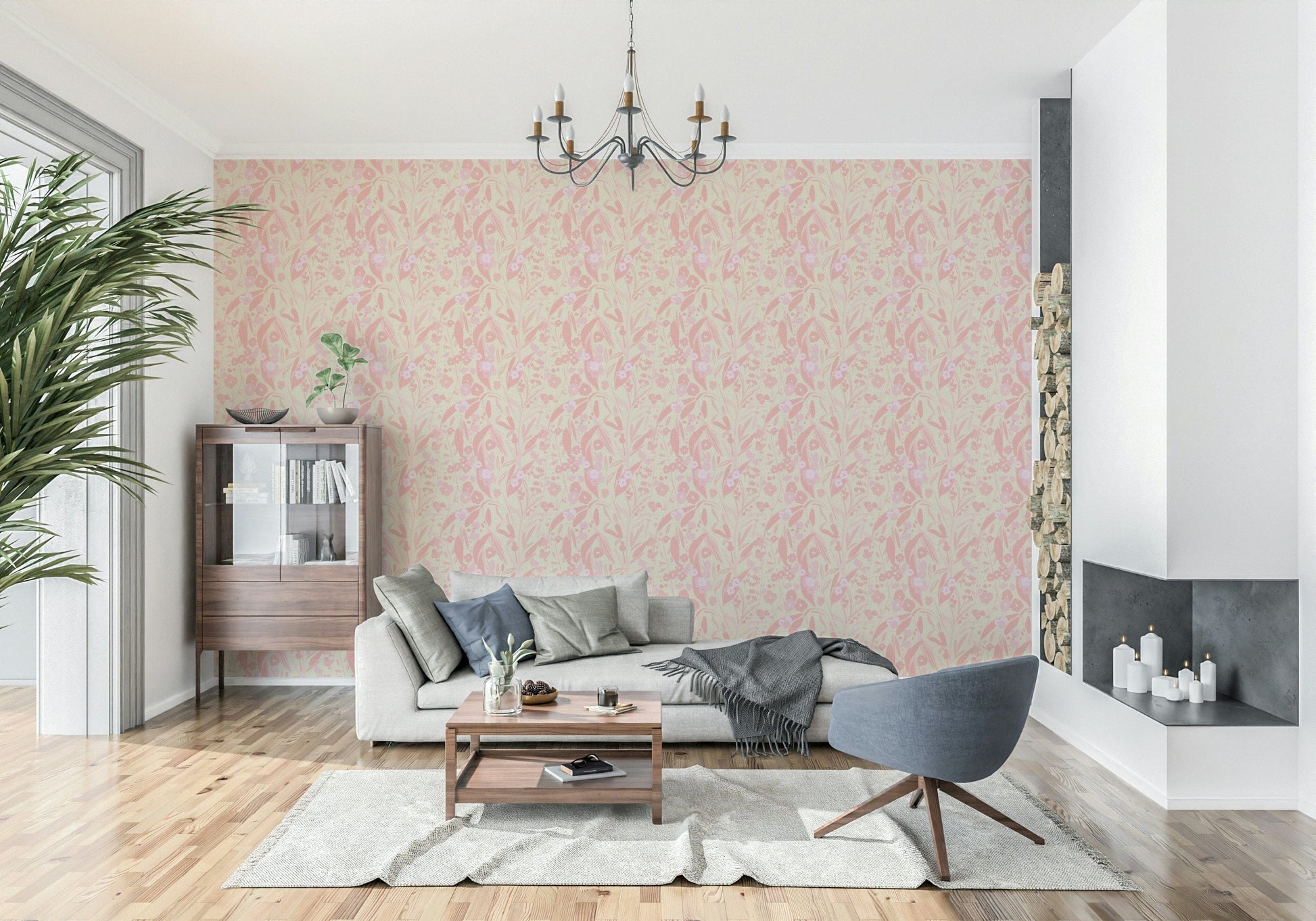An artistic pink gradient mural on minimalist wallpaper.