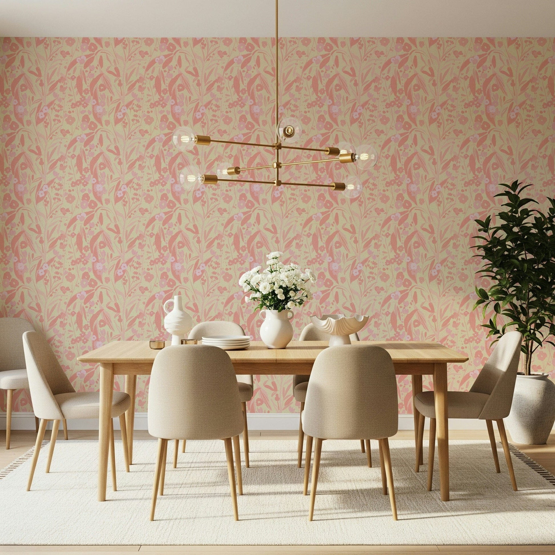 A peaceful blush pink abstract mural on decorative wallpaper.