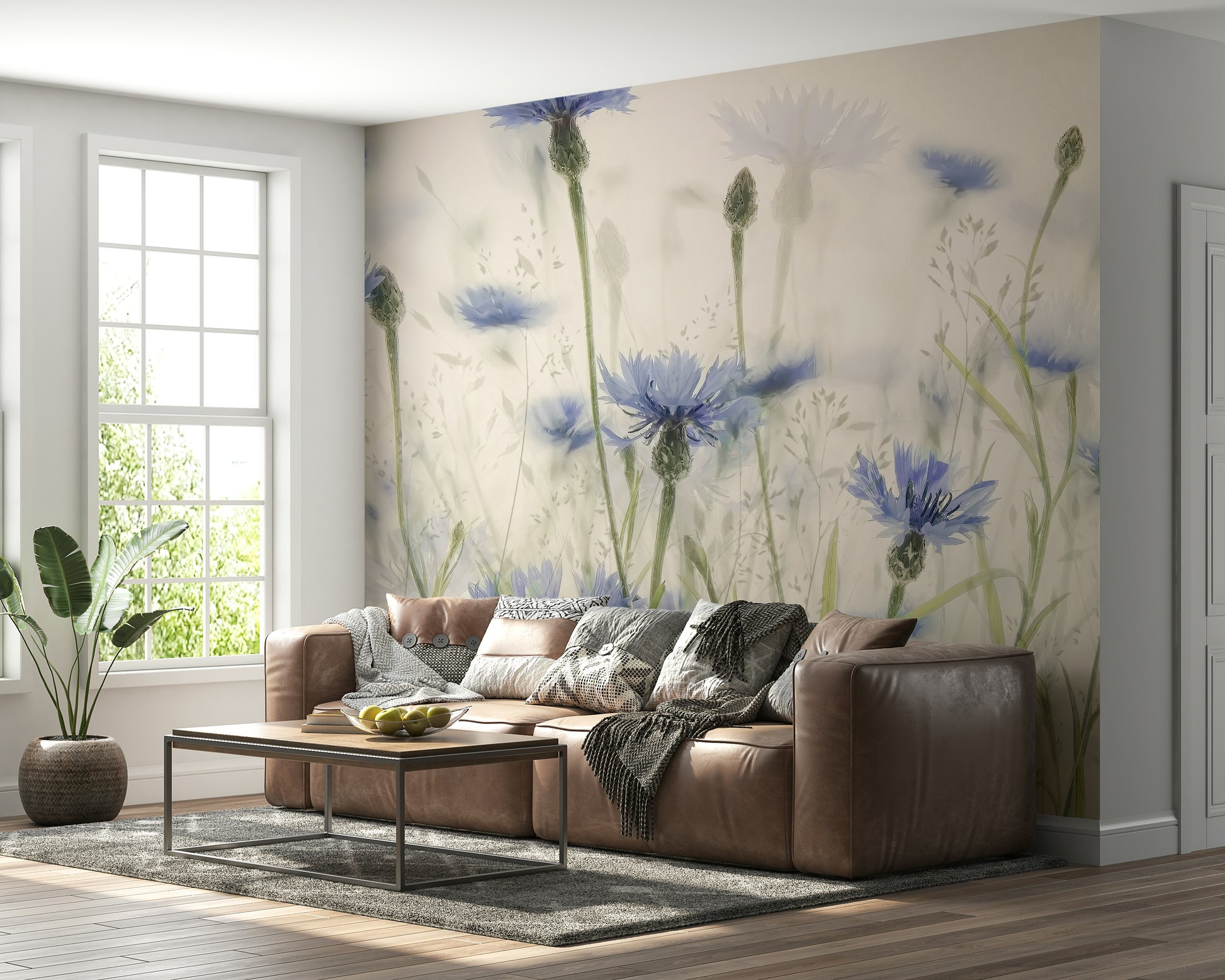 A detailed image of a wall mural featuring a field of blue cornflowers.