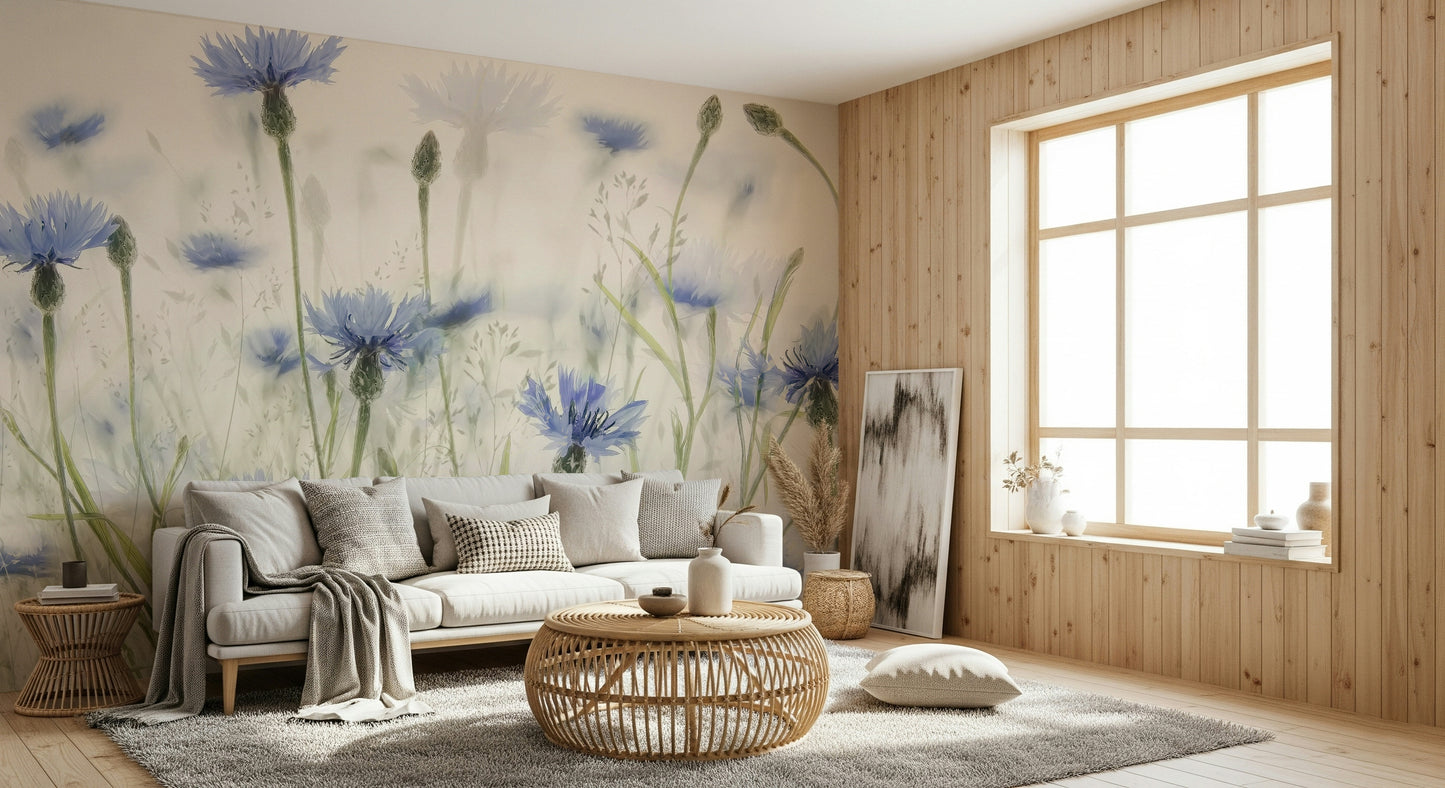 A room decorated with the Cornflower Meadow mural.