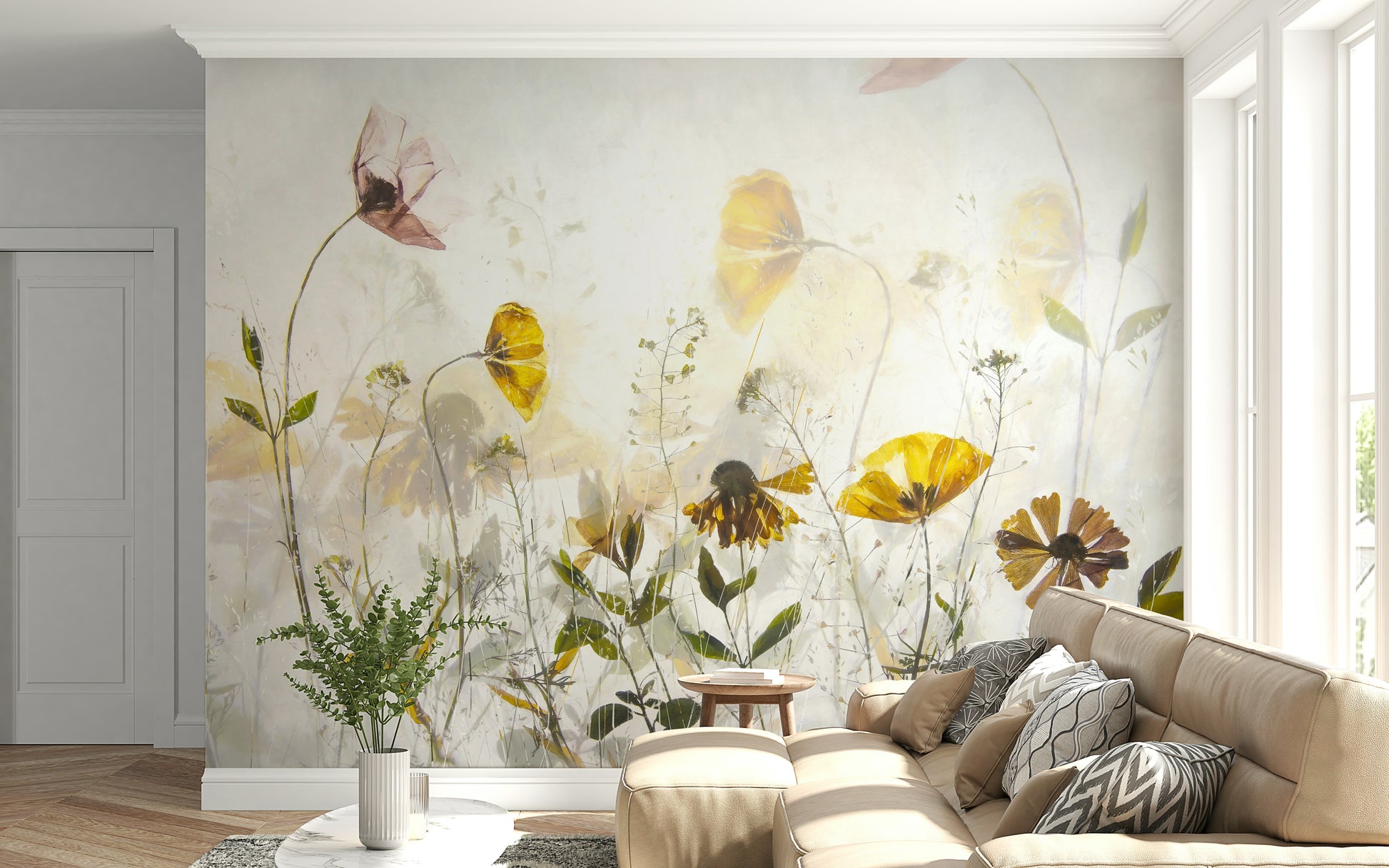 A contemplative hazy floral wallpaper mural for a feature wall.
