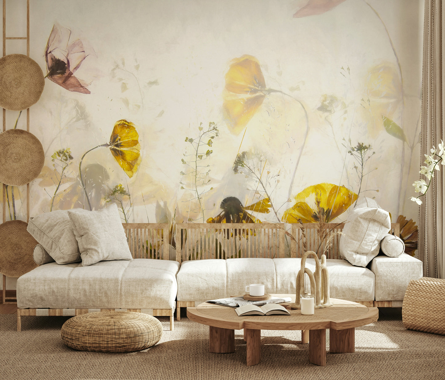 A calming floral design wallpaper mural that defines a space.