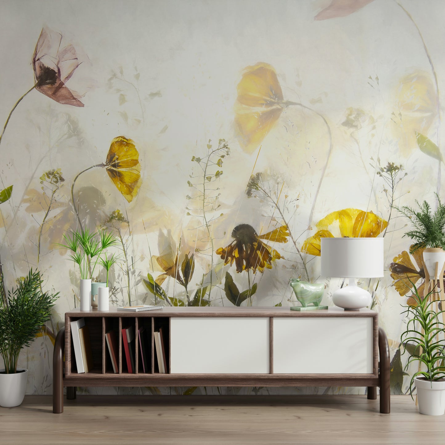 A peaceful flower design mural on decorative wallpaper.