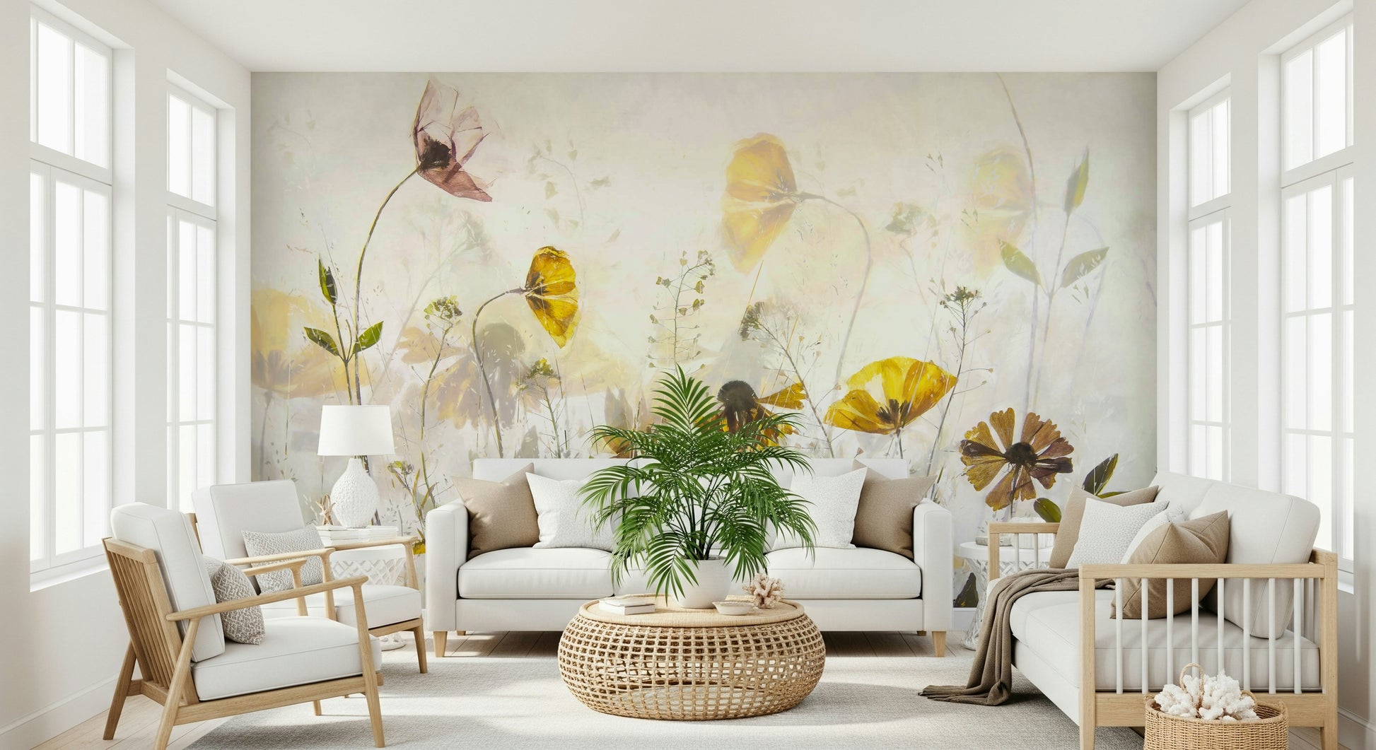 A graceful subtle bloom wall mural in soft, elegant tones.