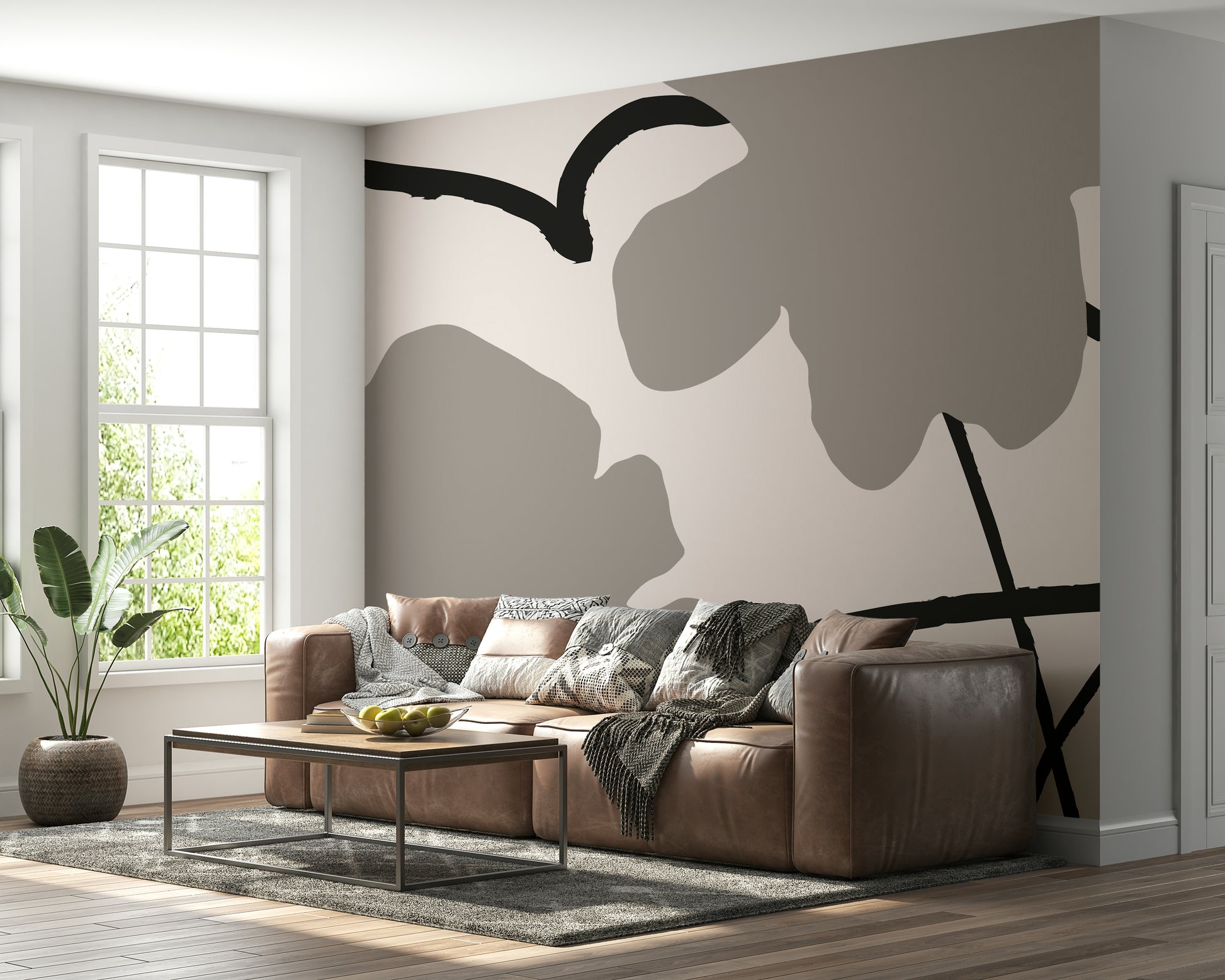An artistic minimalist form mural for home decor.