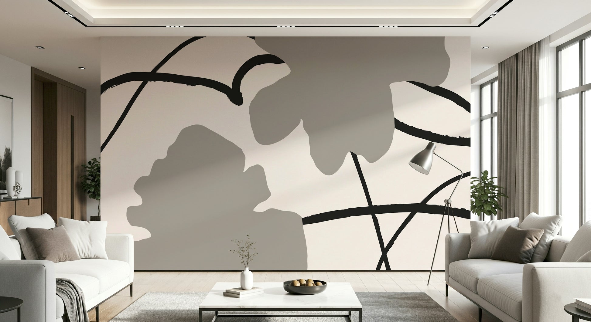 An artistic soft focus mural on minimalist wallpaper.