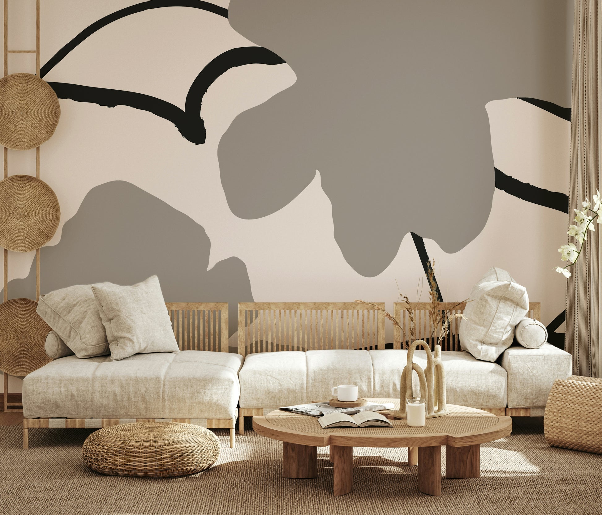 A contemplative gentle watercolor wallpaper mural for a feature wall.
