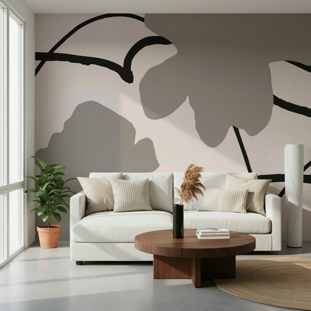 A peaceful modern abstract mural on decorative wallpaper.
