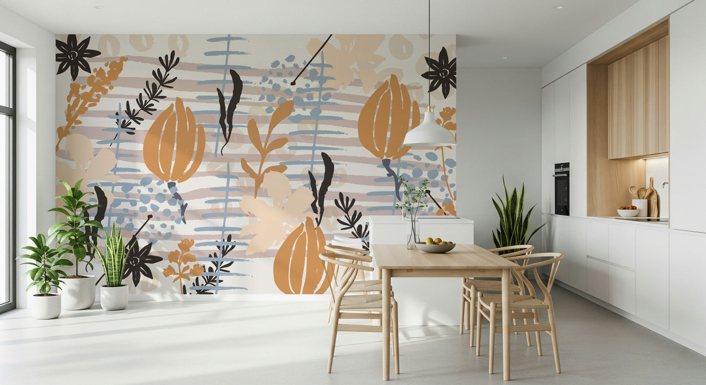 A graceful subtle bloom wall mural in soft, painted tones.