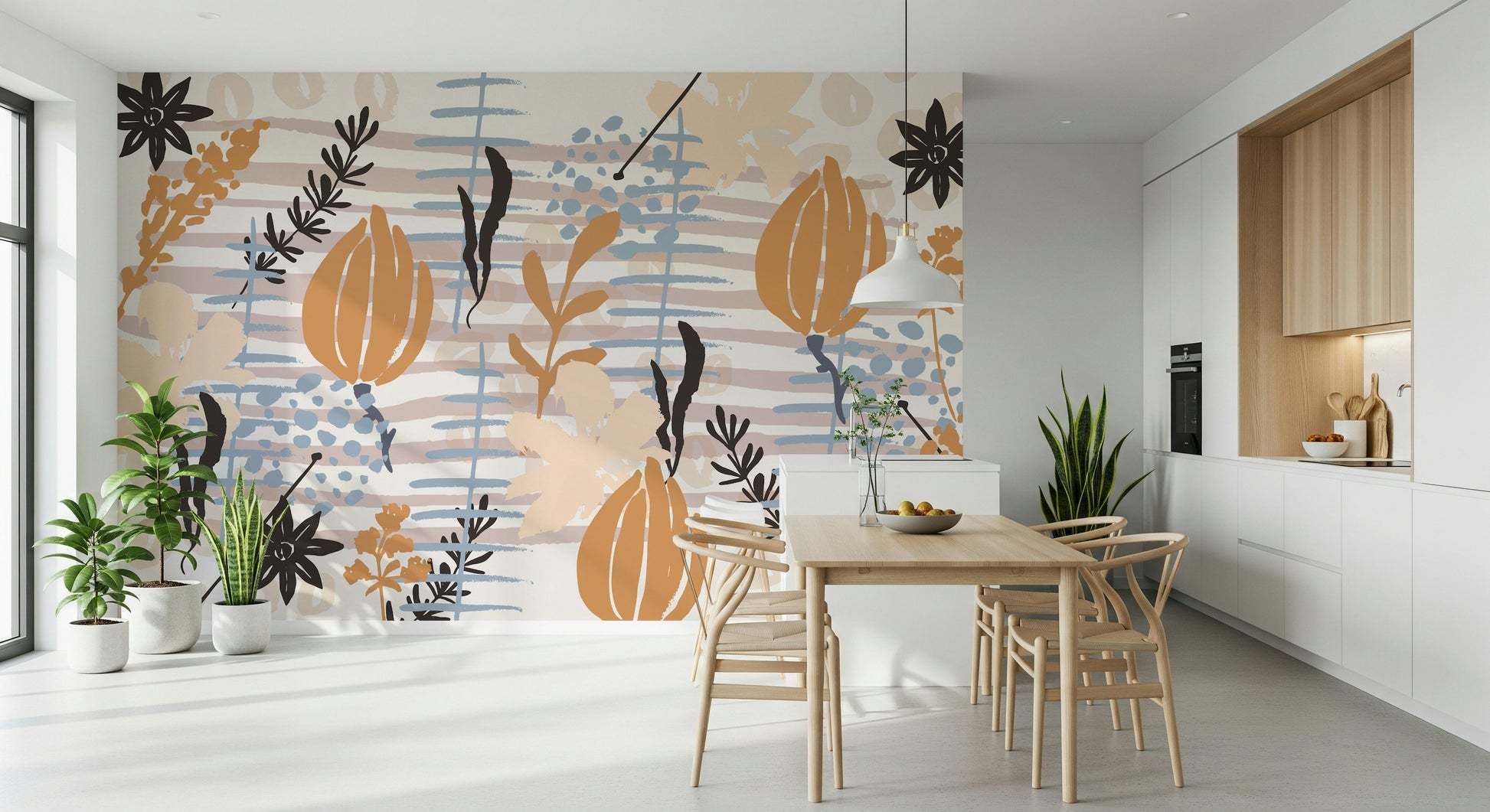 A graceful subtle bloom wall mural in soft, painted tones.