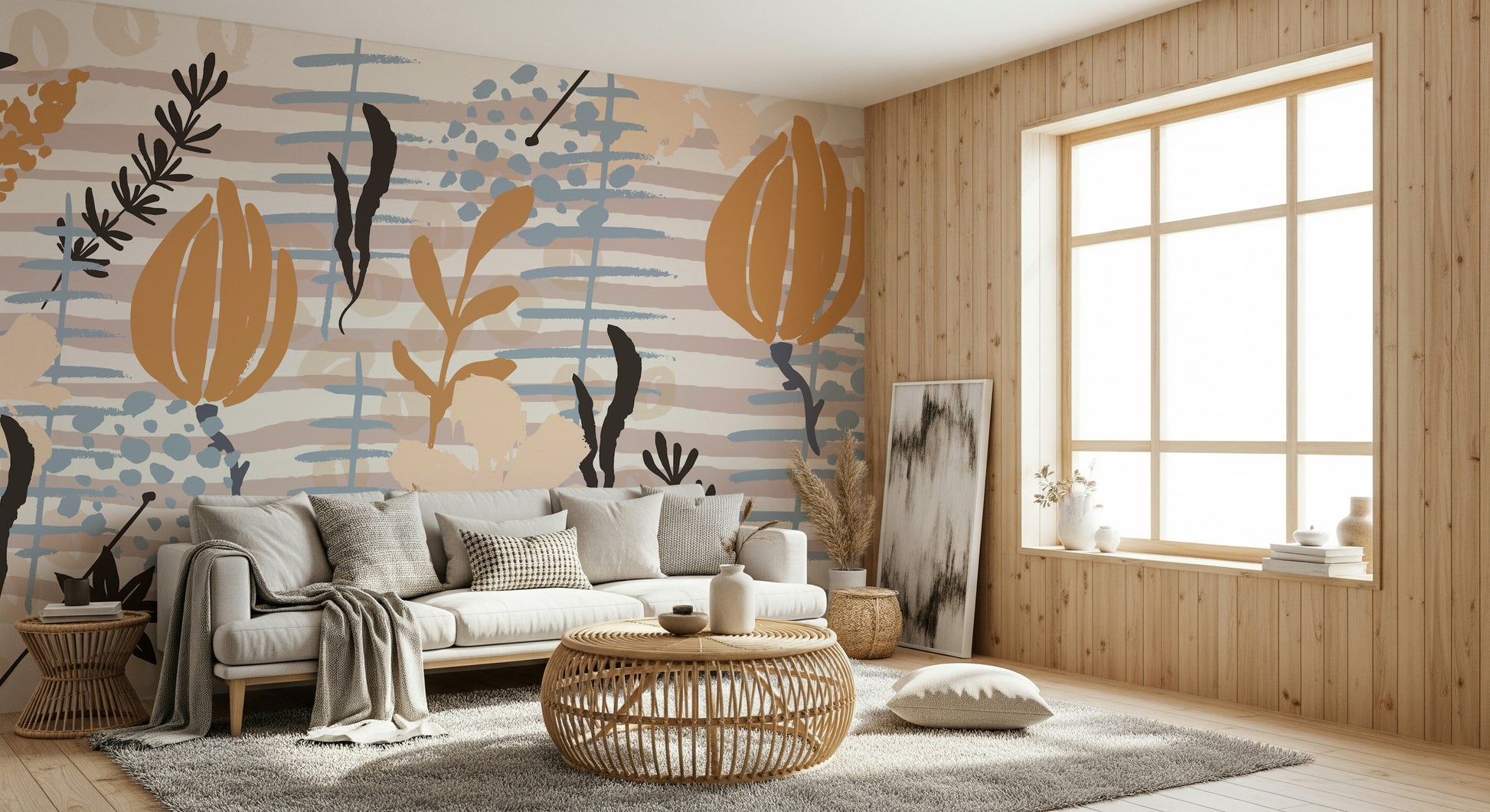 An artistic delicate bloom mural on minimalist wallpaper.