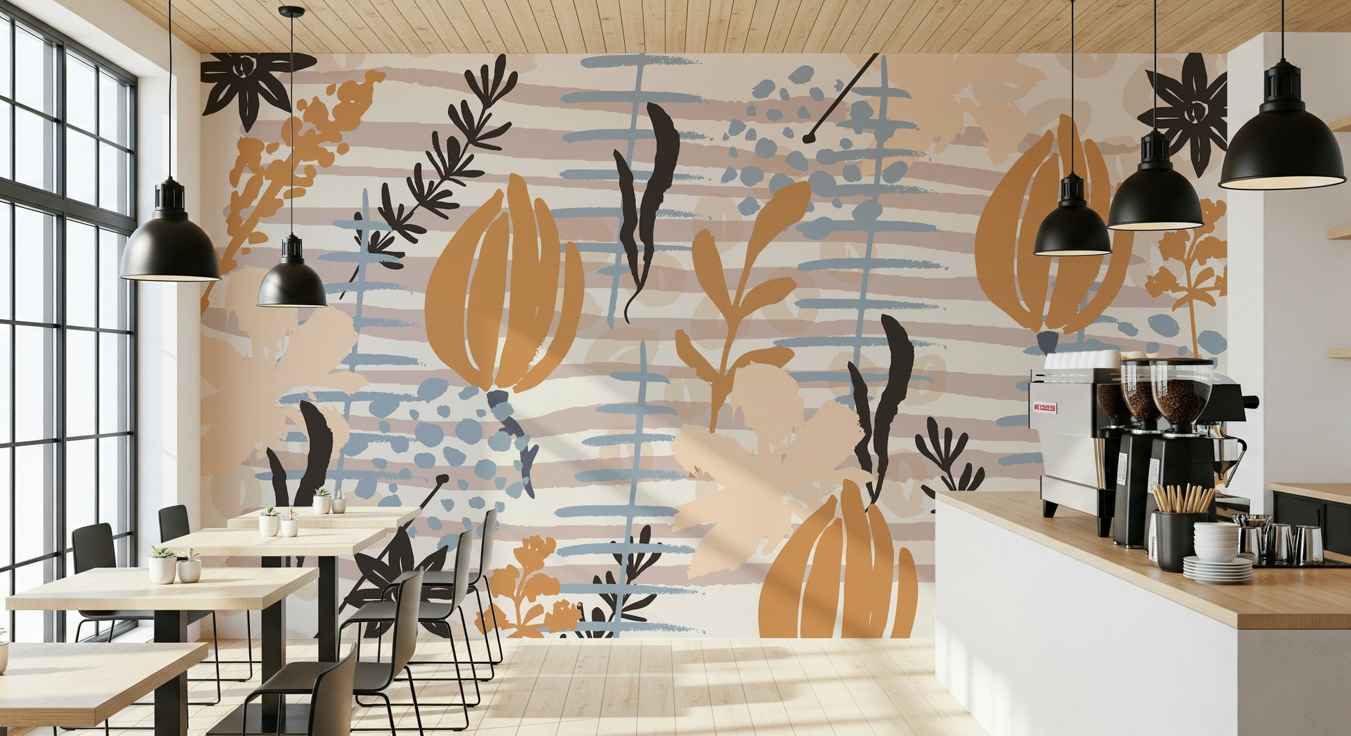 A peaceful flower design mural on decorative wallpaper.