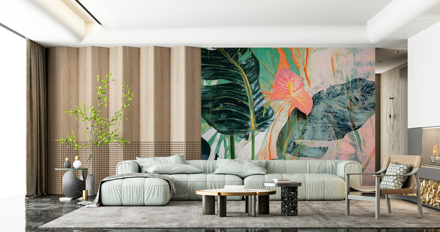 A graceful subtle stroke wall mural in cool, natural tones.