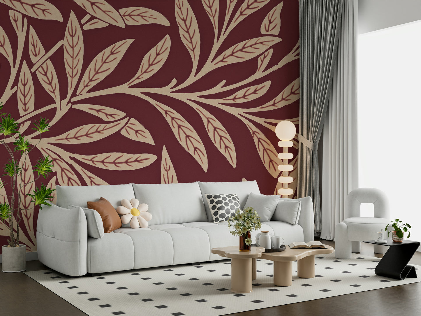 An artistic delicate leaf mural on minimalist wallpaper.