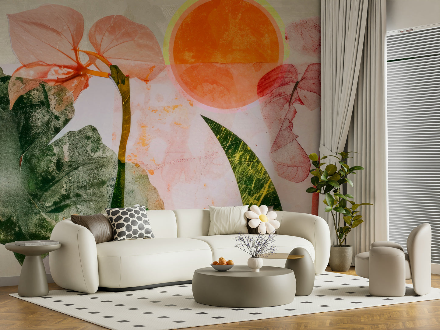 A beautiful vibrant botanical wallpaper mural with subtle radiance.