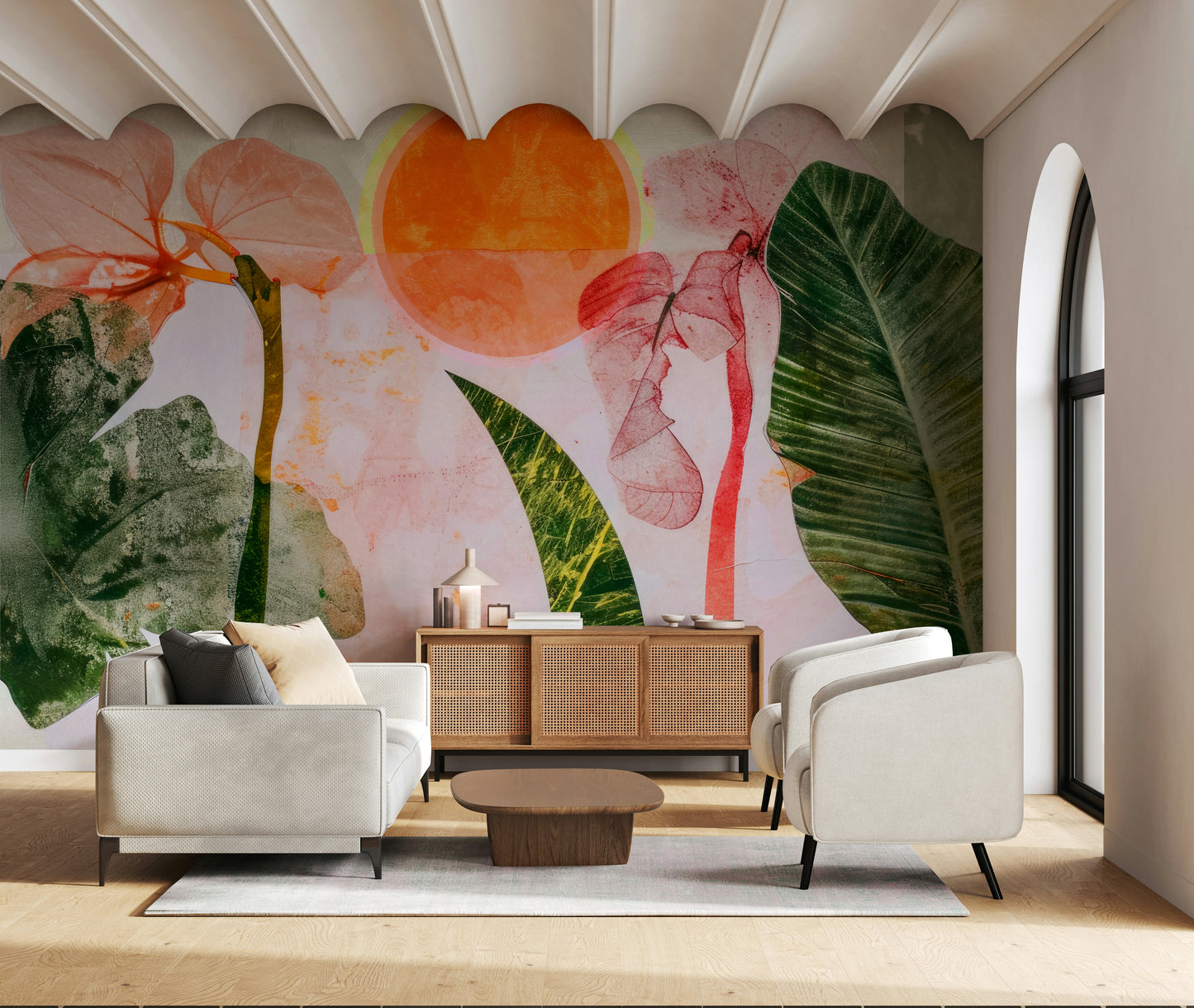 A contemplative floral pattern wallpaper mural for a feature wall.