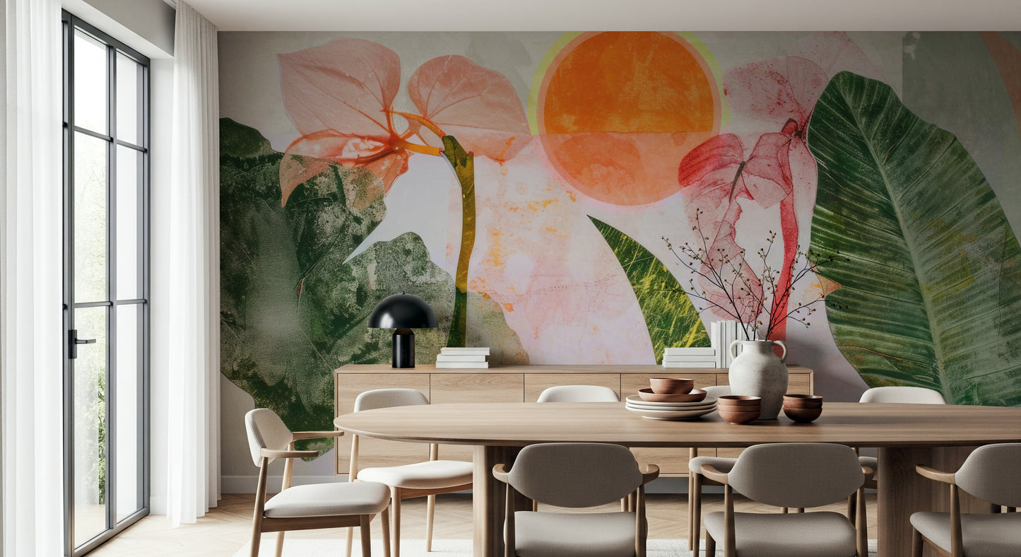 A graceful subtle flower wall mural in soft, radiant tones.