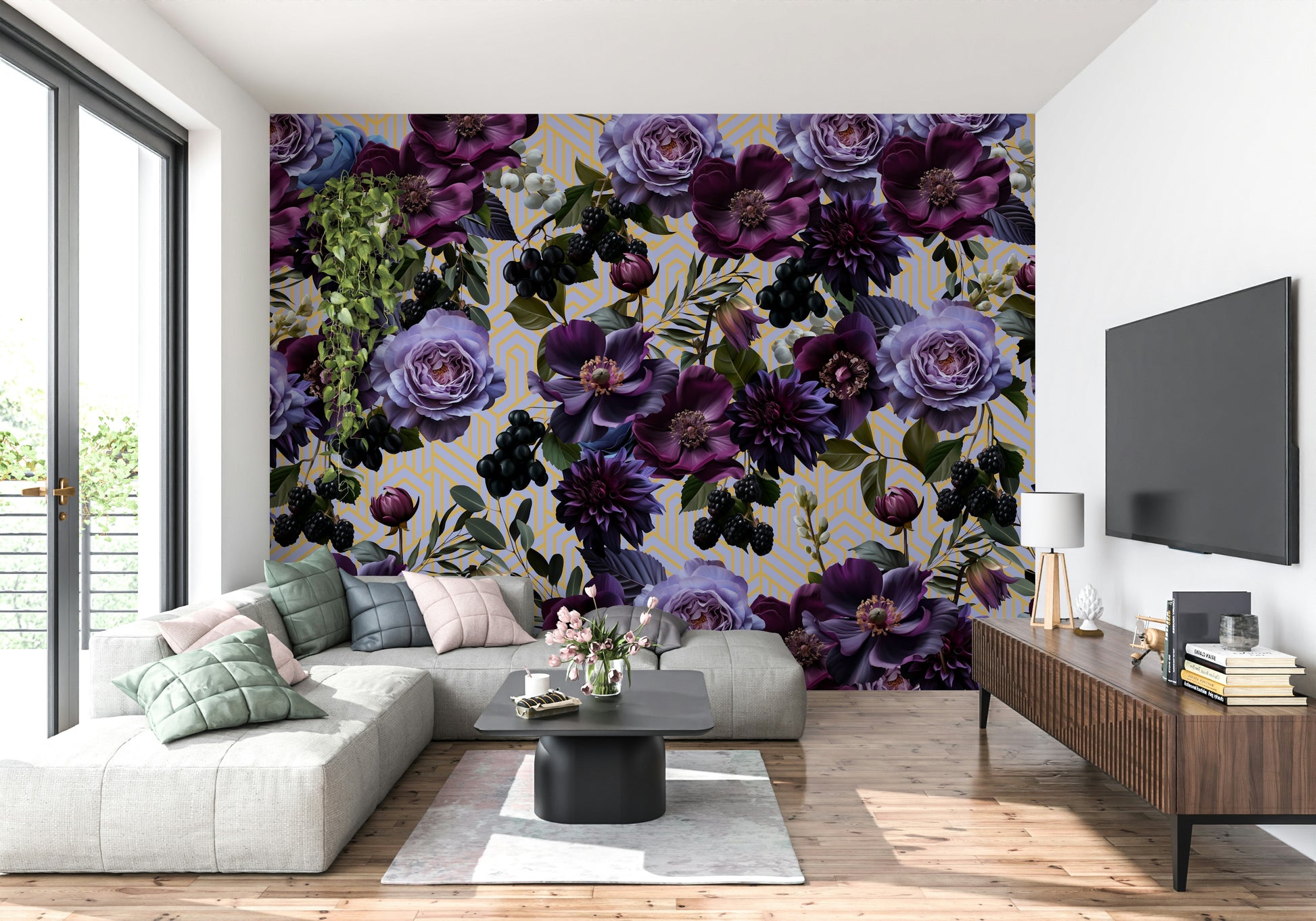 A beautiful modern flower wall mural for a living room.