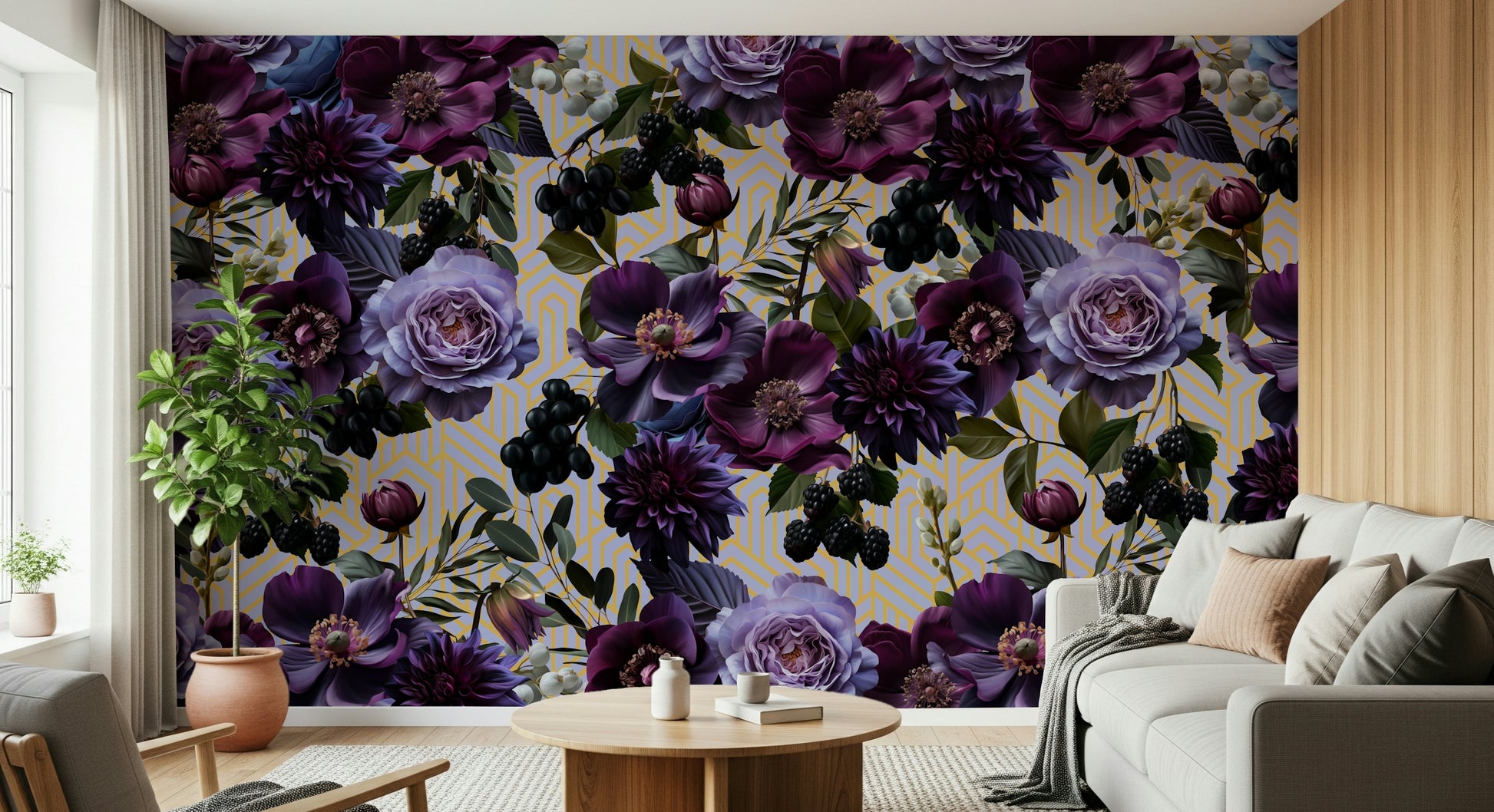 An artistic elegant floral mural on luxury wallpaper.