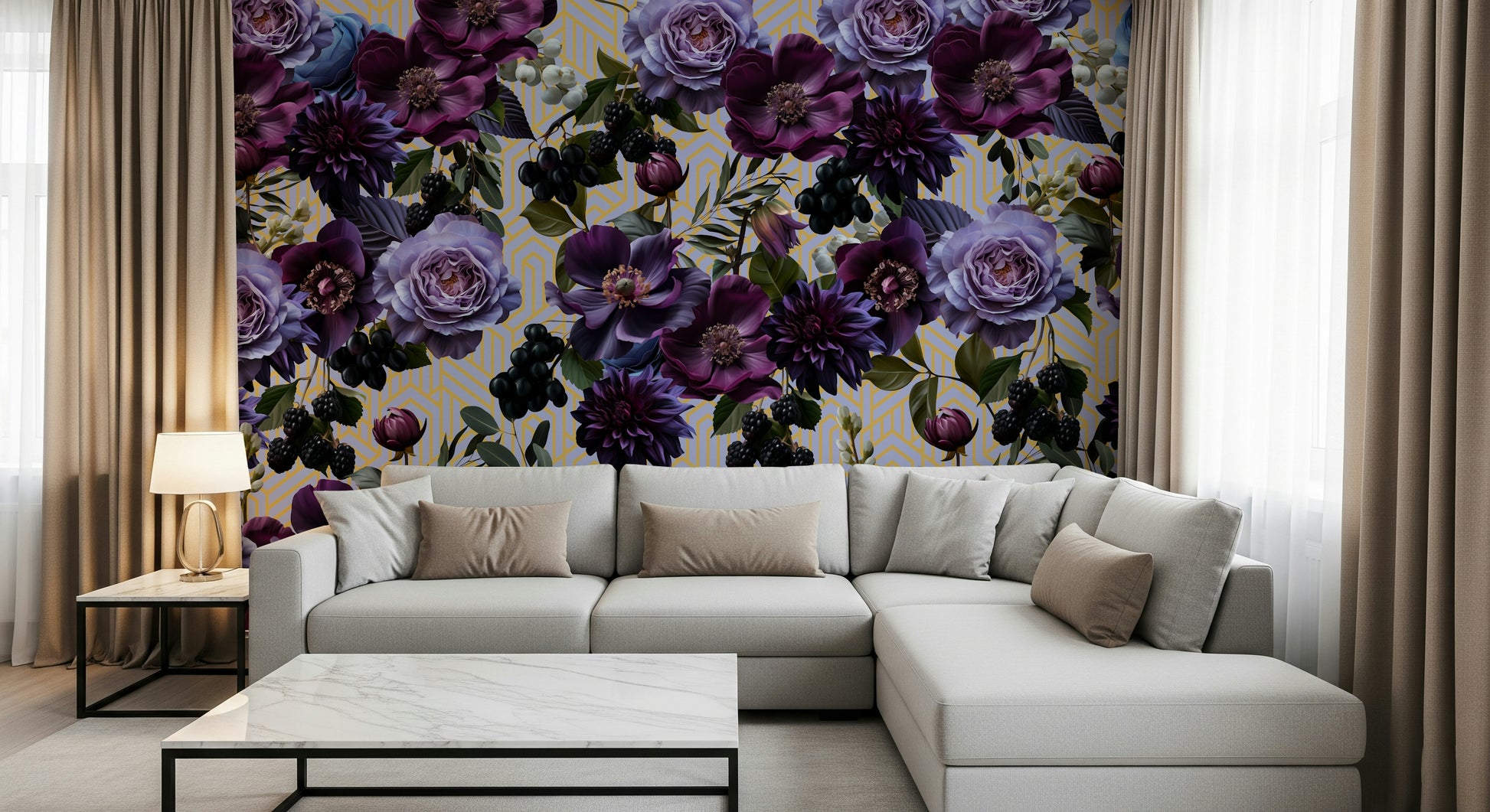 A contemplative deco pattern wallpaper mural for a feature wall.