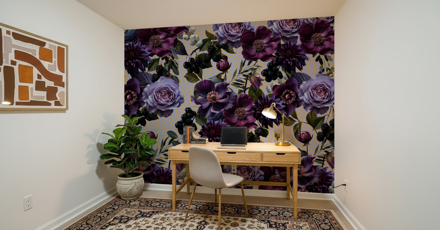 A calming floral design wallpaper mural that defines a space.
