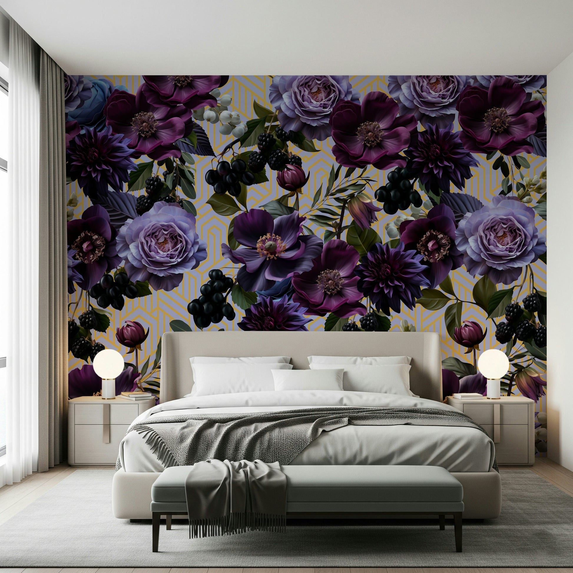 A graceful subtle bloom wall mural in rich, lavish tones.