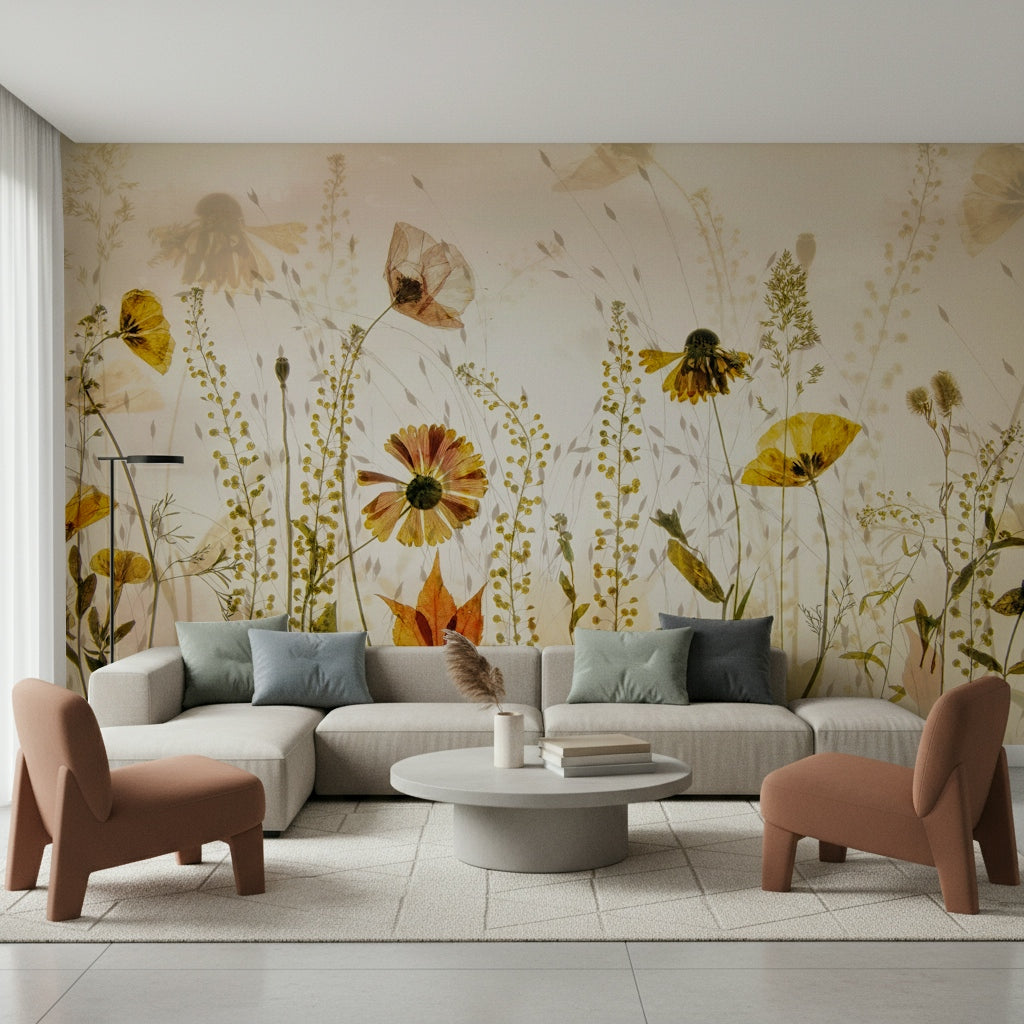 A beautiful pressed petal wallpaper mural with a vintage floral design.