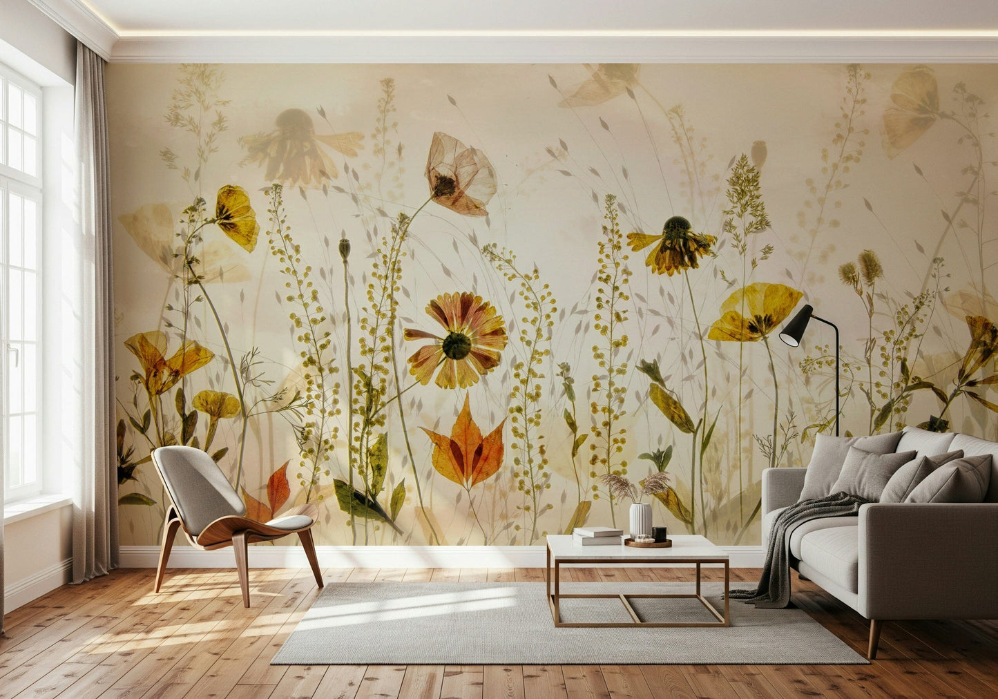 A classic soft floral wallpaper for walls with an aged look.