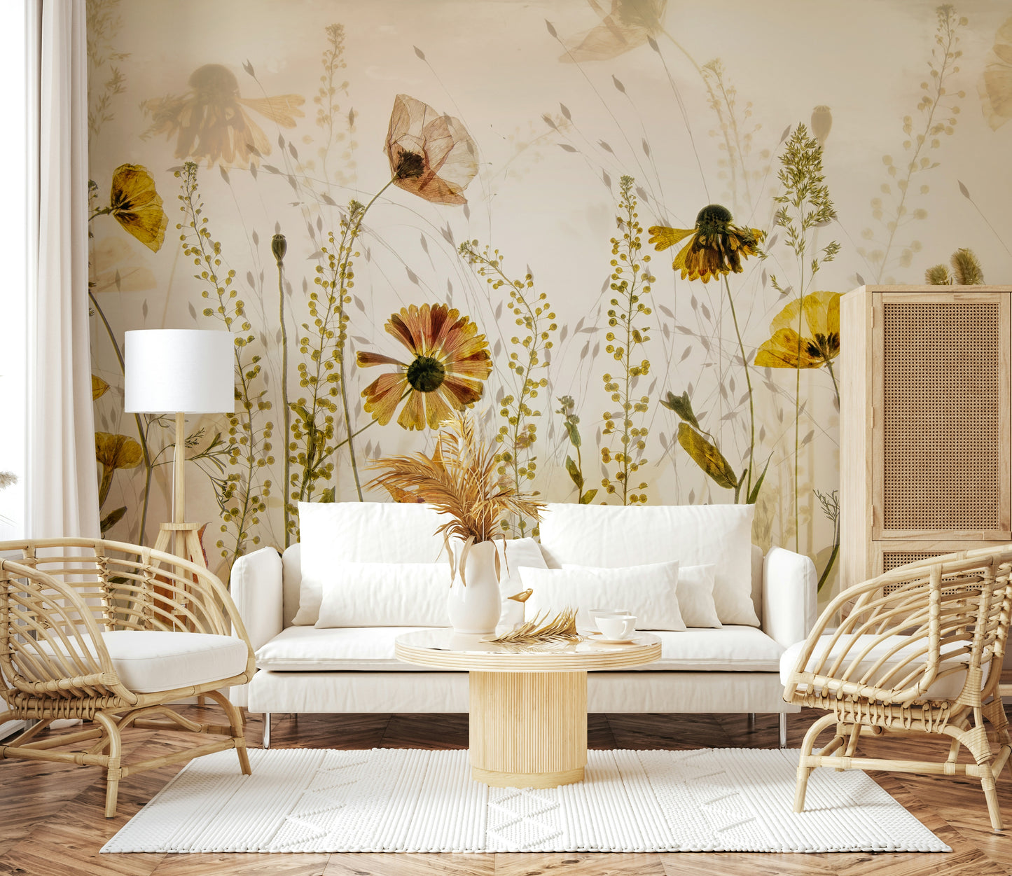 A graceful subtle bloom wall mural in soft, faded tones.