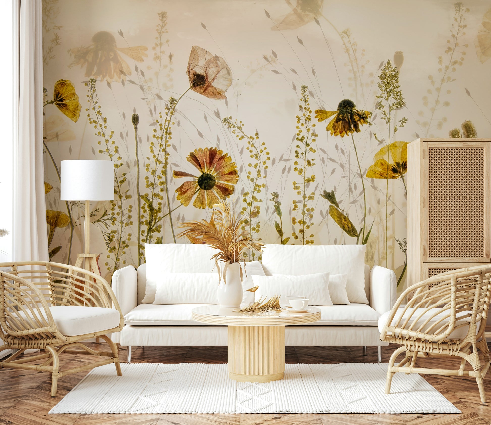 A graceful subtle bloom wall mural in soft, faded tones.