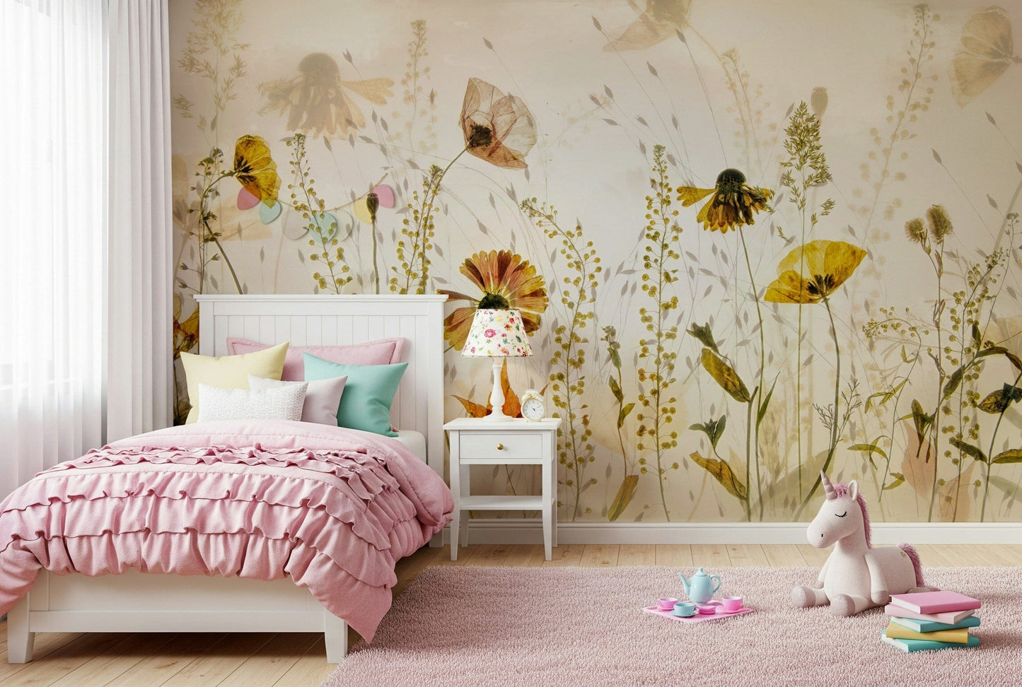 An artistic delicate bloom mural on minimalist wallpaper.