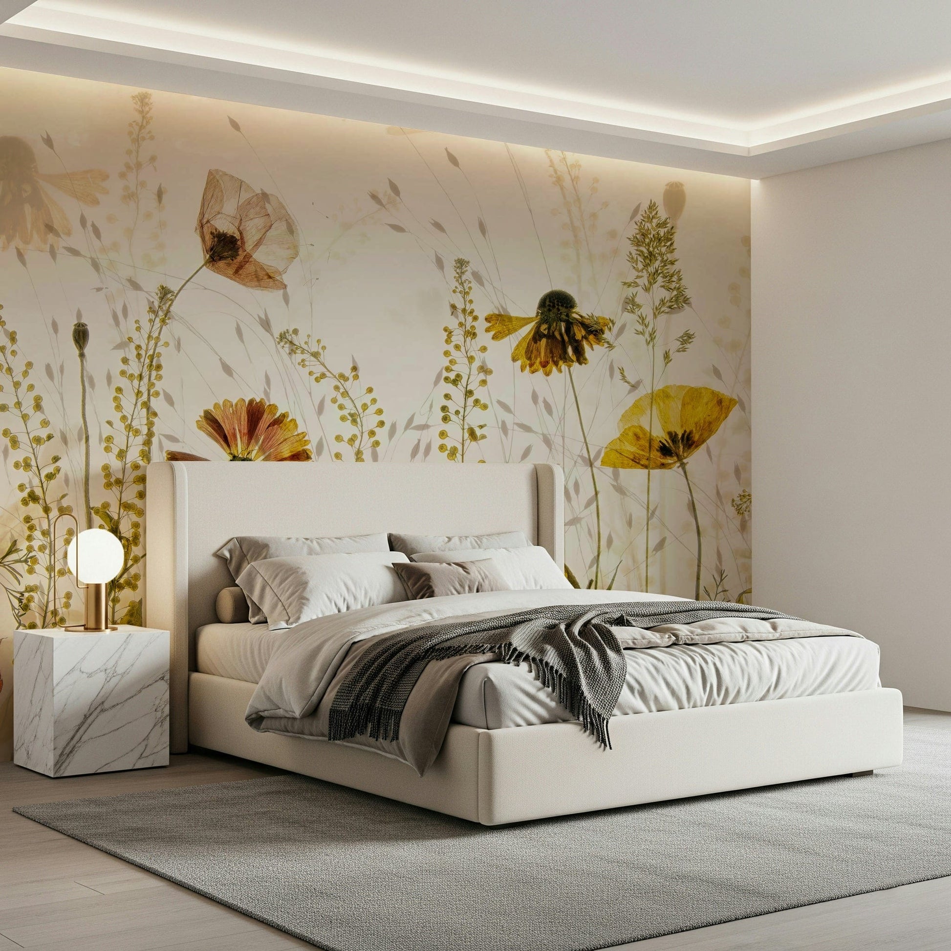 A peaceful flower design mural on decorative wallpaper.