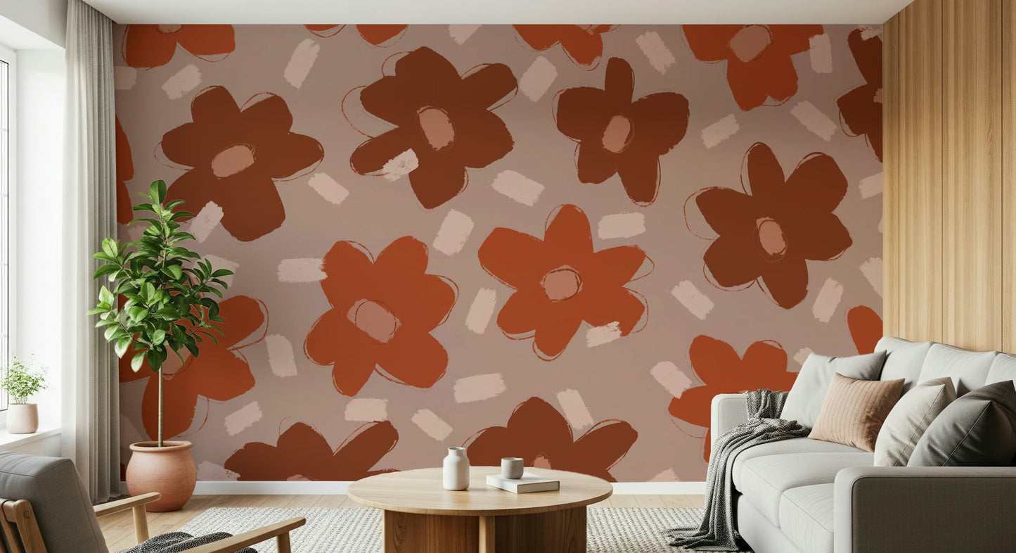 A beautiful rustic floral wallpaper mural in earth tones.