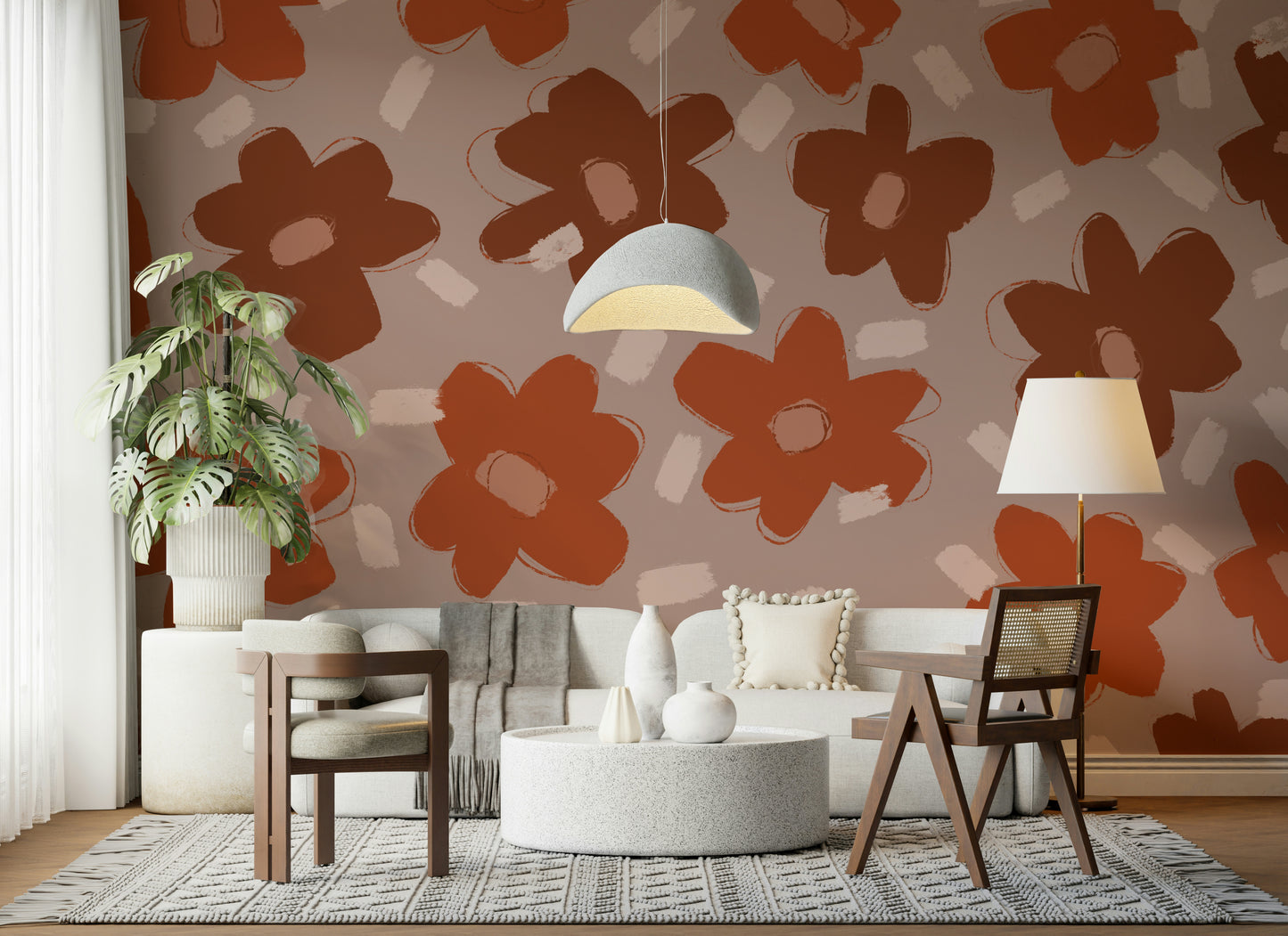 An artistic terra flora mural on minimalist wallpaper.
