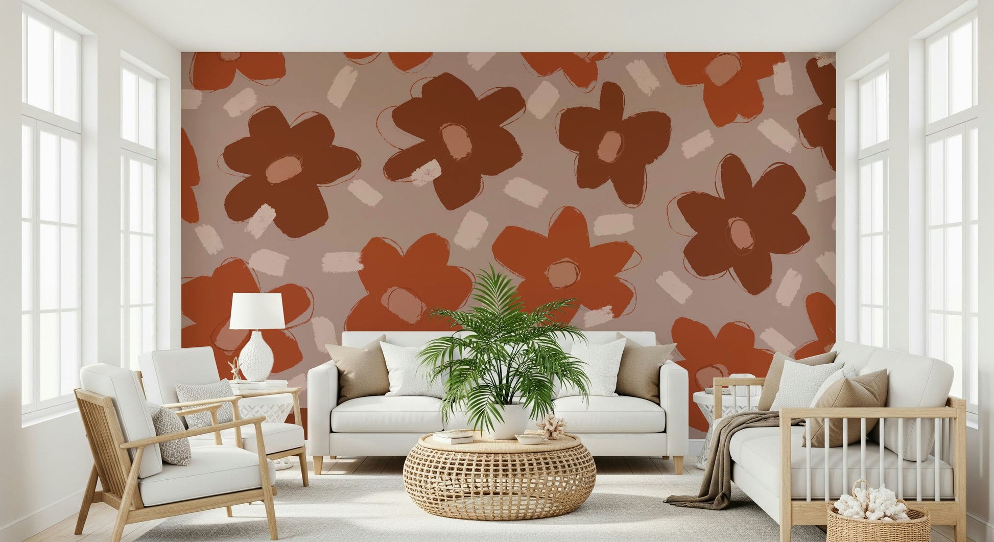 A peaceful flower design mural on decorative wallpaper.