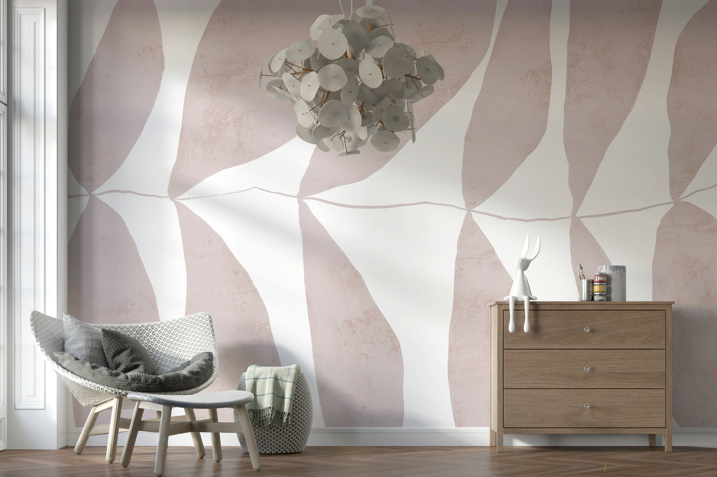A beautiful subtle floral wallpaper mural with rose petal silhouettes.