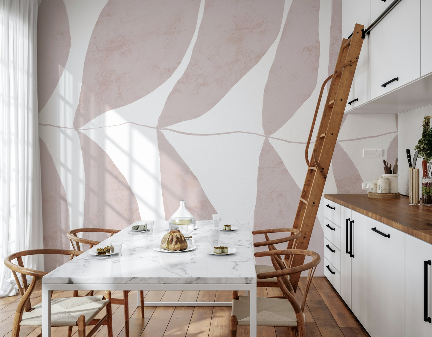 A calming floral design wallpaper mural that defines a space.