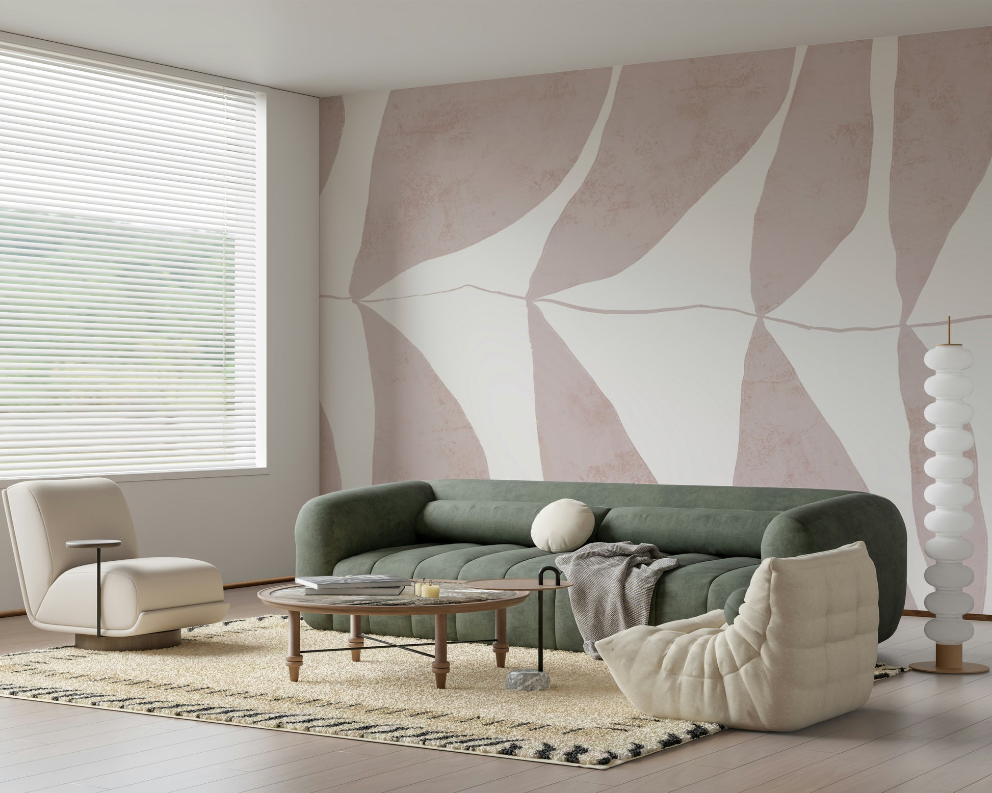 A peaceful petal design mural on decorative wallpaper.