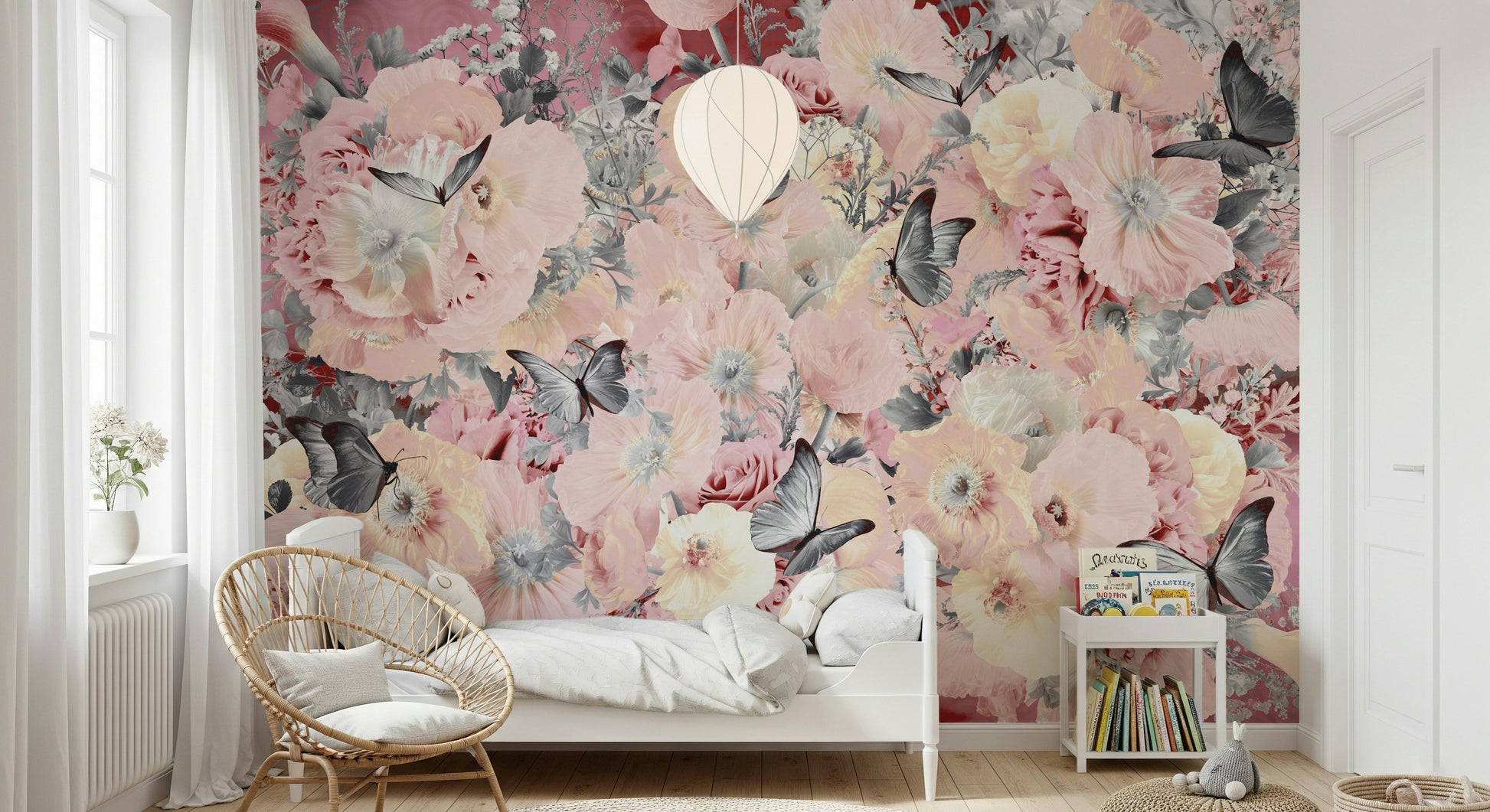 A peaceful butterfly garden mural on decorative wallpaper.