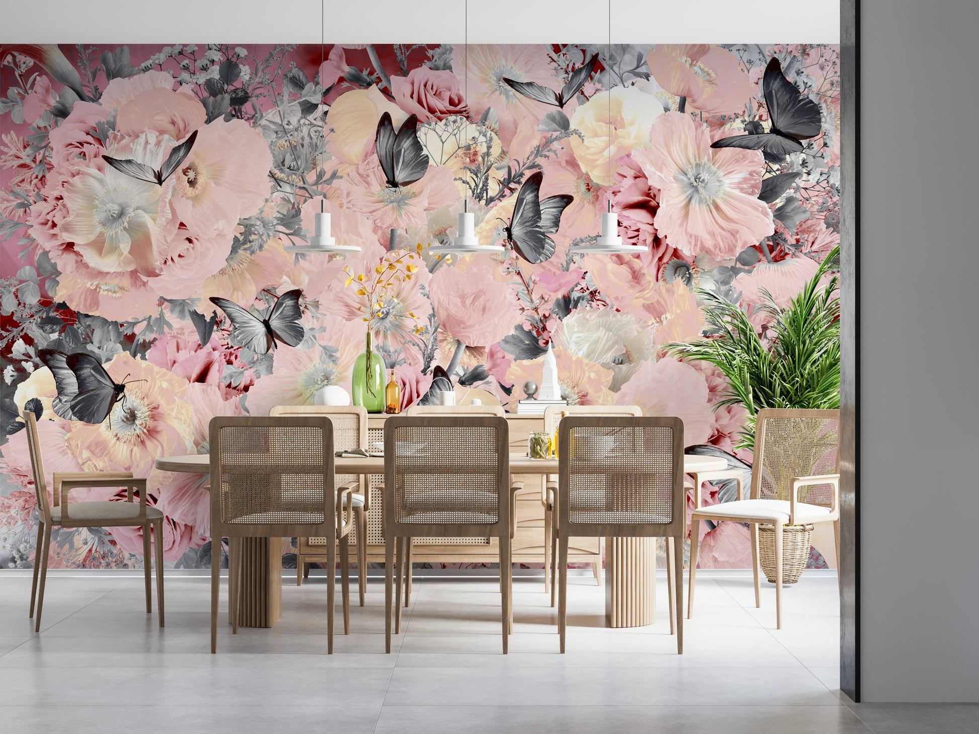 A beautiful butterfly and floral wallpaper mural for a modern home.