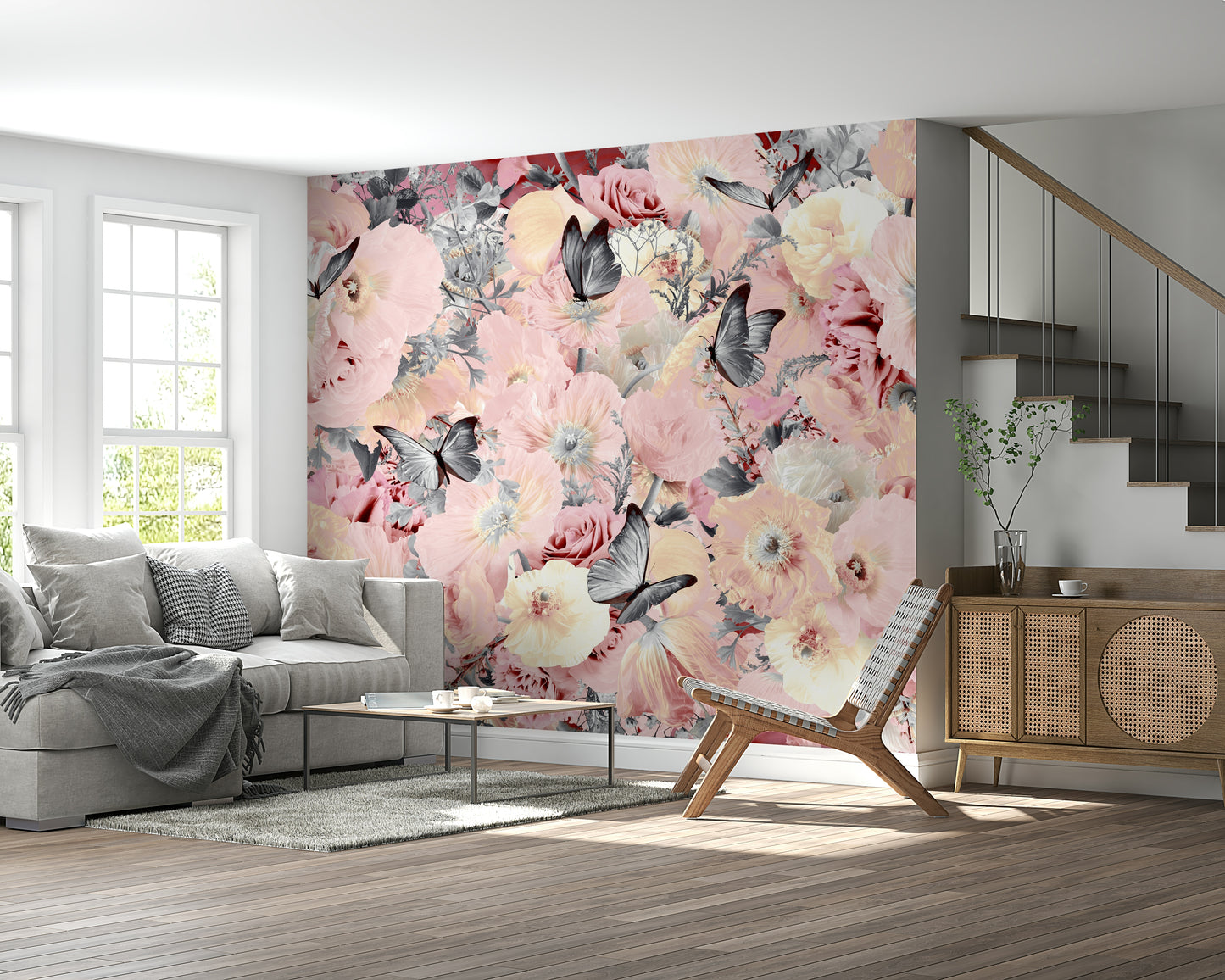 A classic floral wallpaper for walls with a wildlife theme.