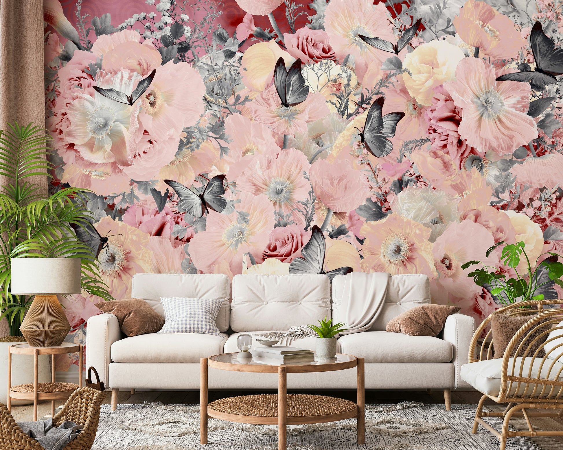 A serene subtle flower and butterfly wall mural for your decor.